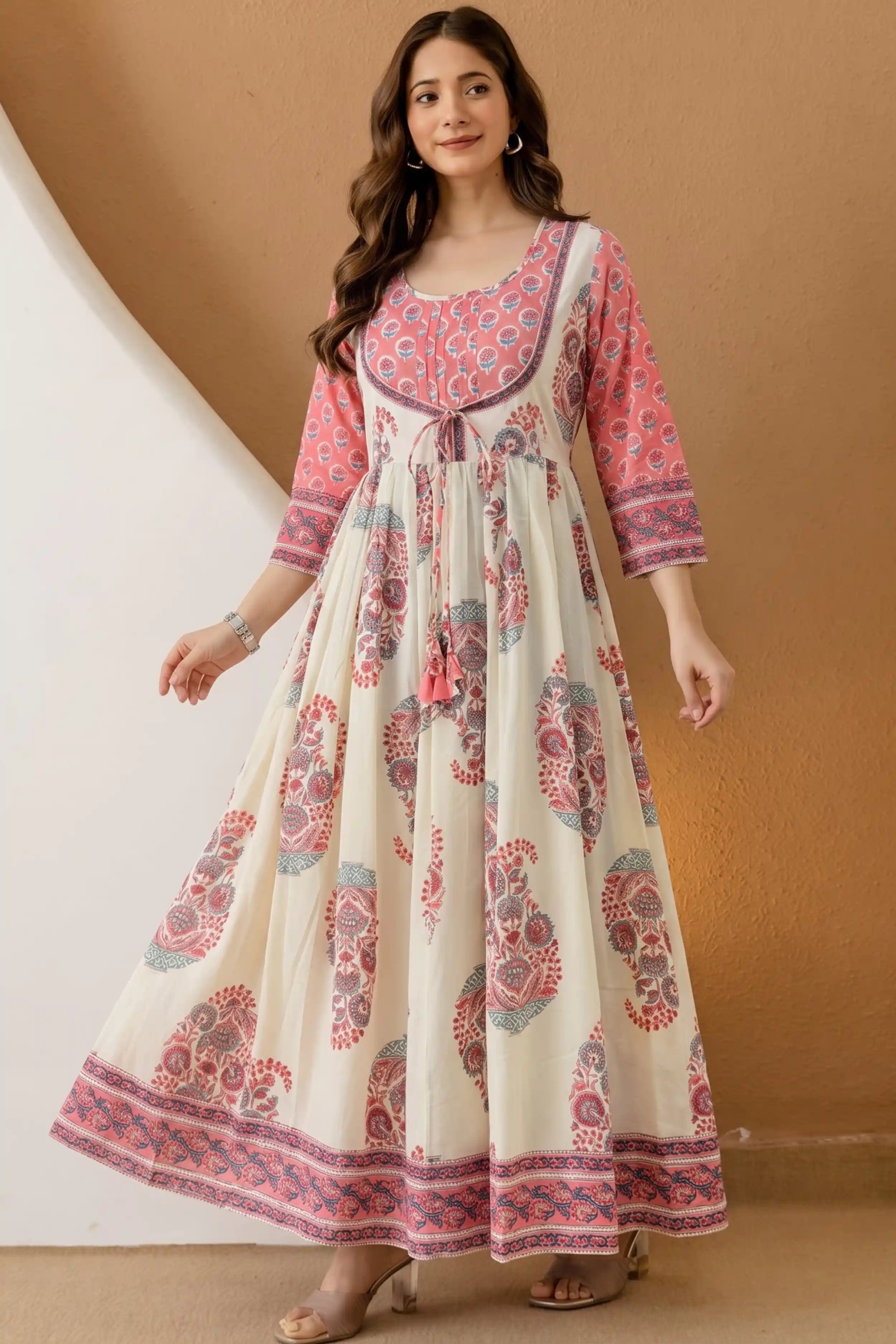 Peach Hand Block Floral Printed Anarkali Maxi Dress
