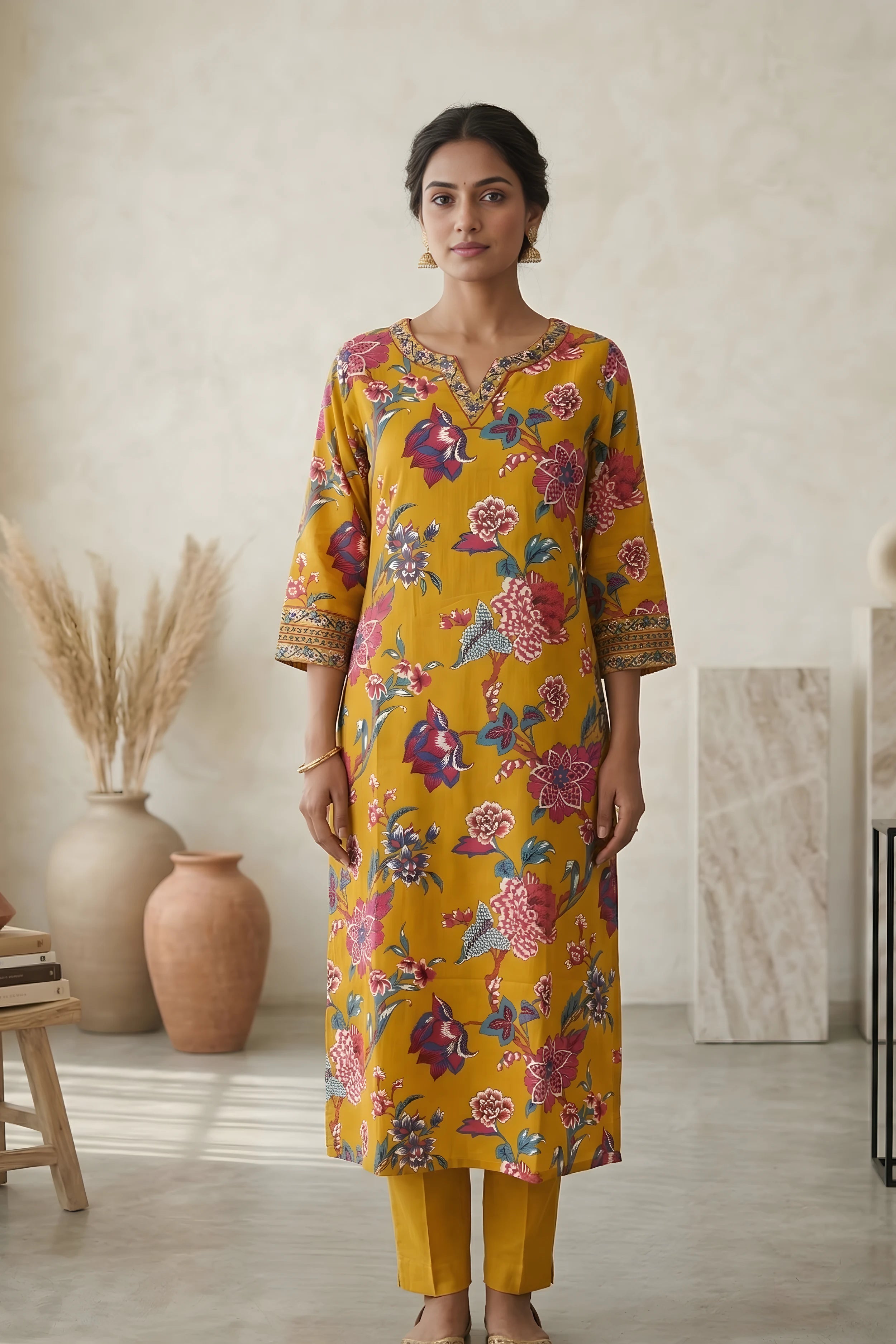 Mustard Floral Hand Printed Corset Back Straight Kurta