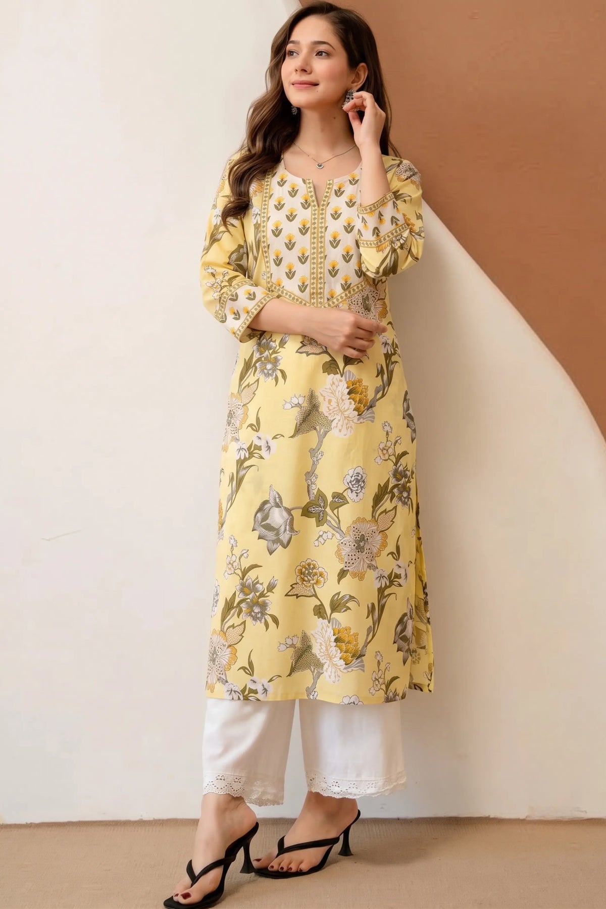 Cream Yellow Hand Printed Straight cotton Kurta