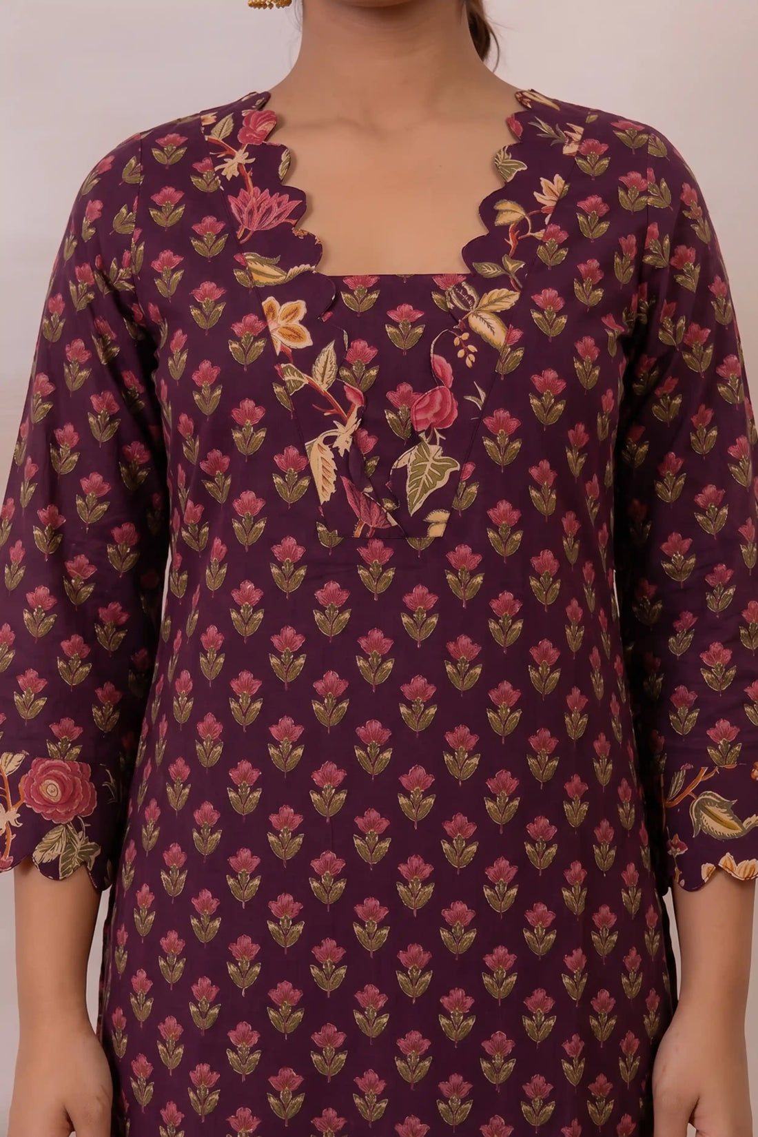 Burgundy Floral Printed Cotton Straight Kurta