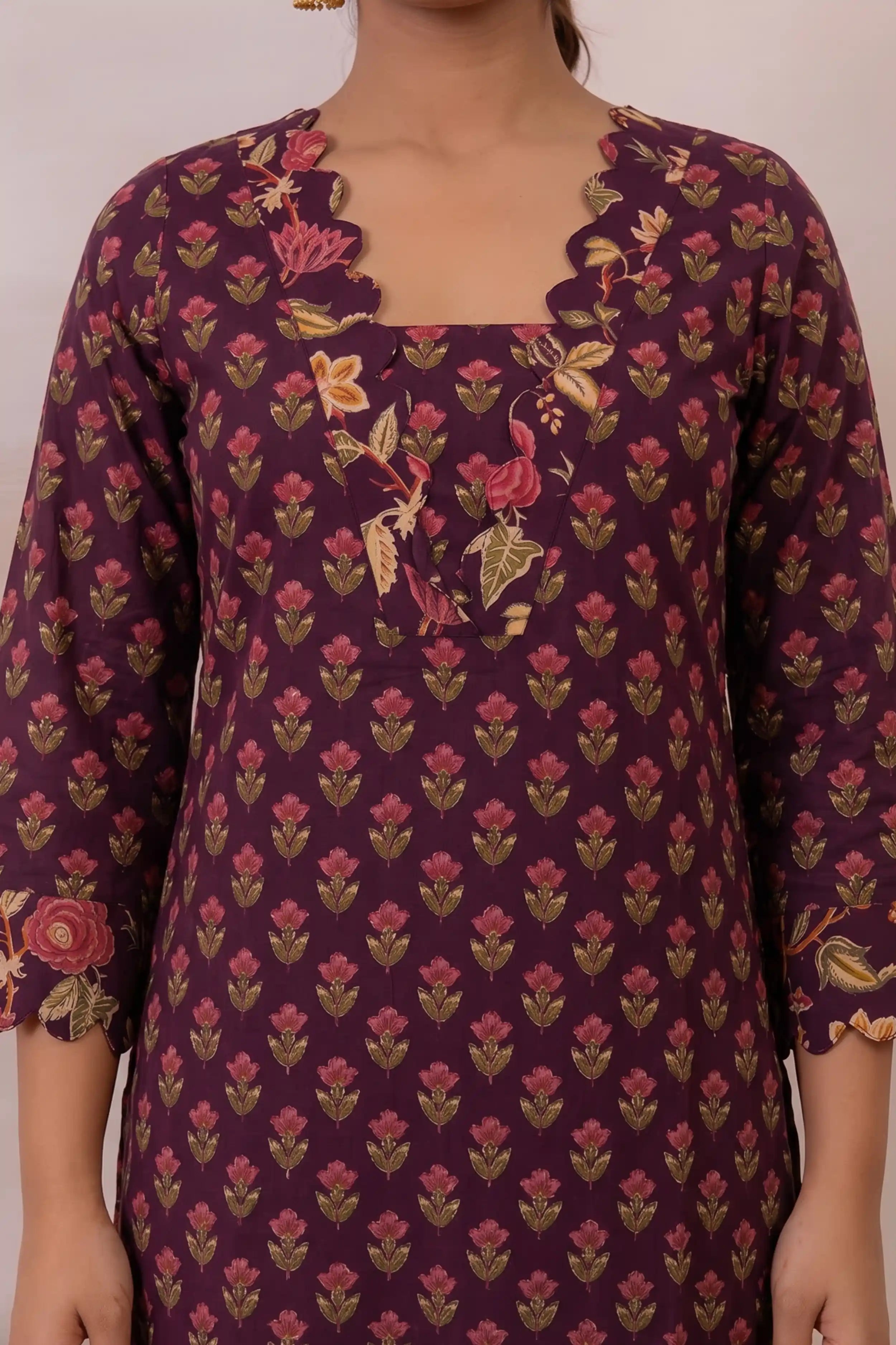 Burgundy Floral Printed Cotton Straight Kurta