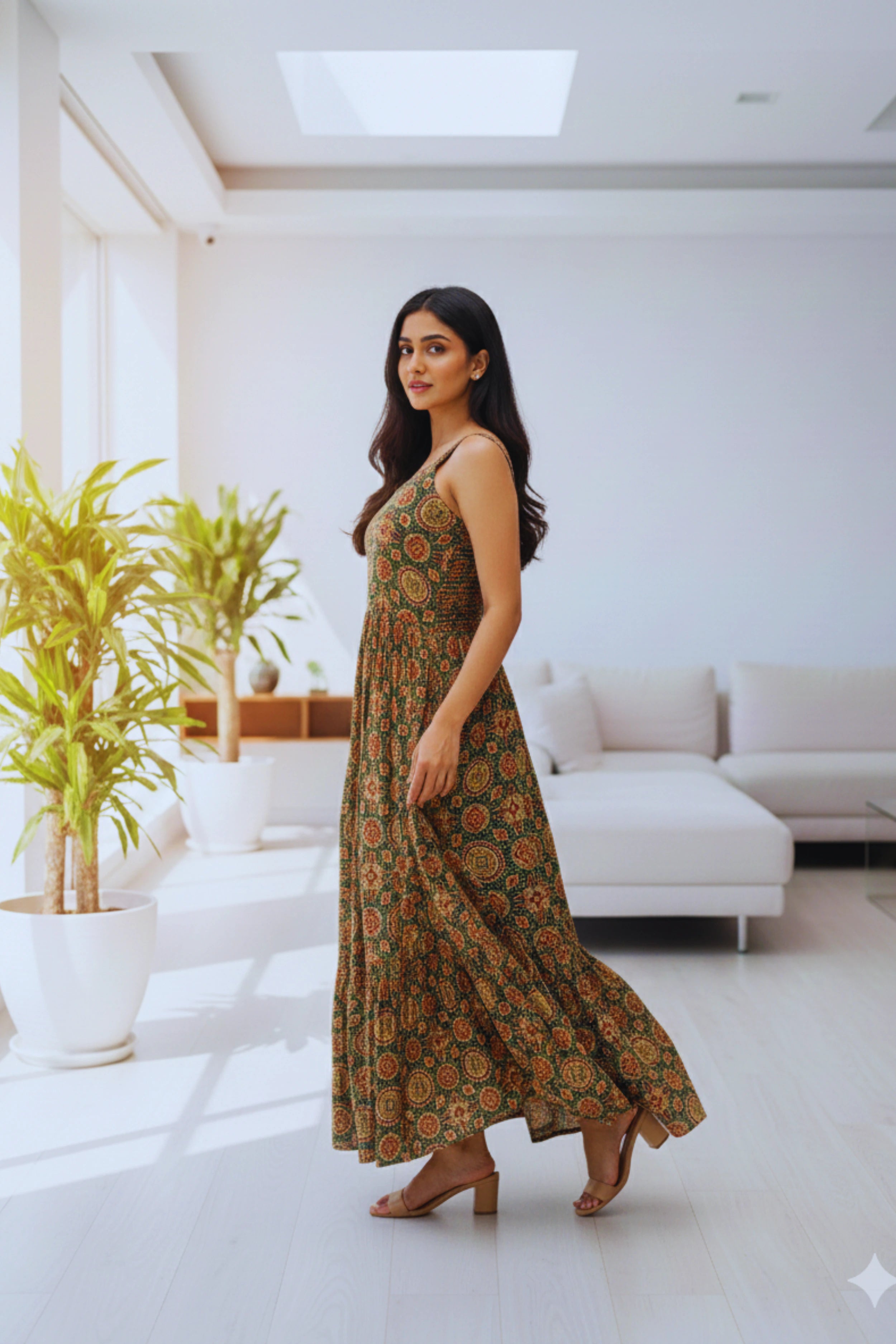 Bottle Green Ajrak Printed Sleeveless Cotton Maxi Dress