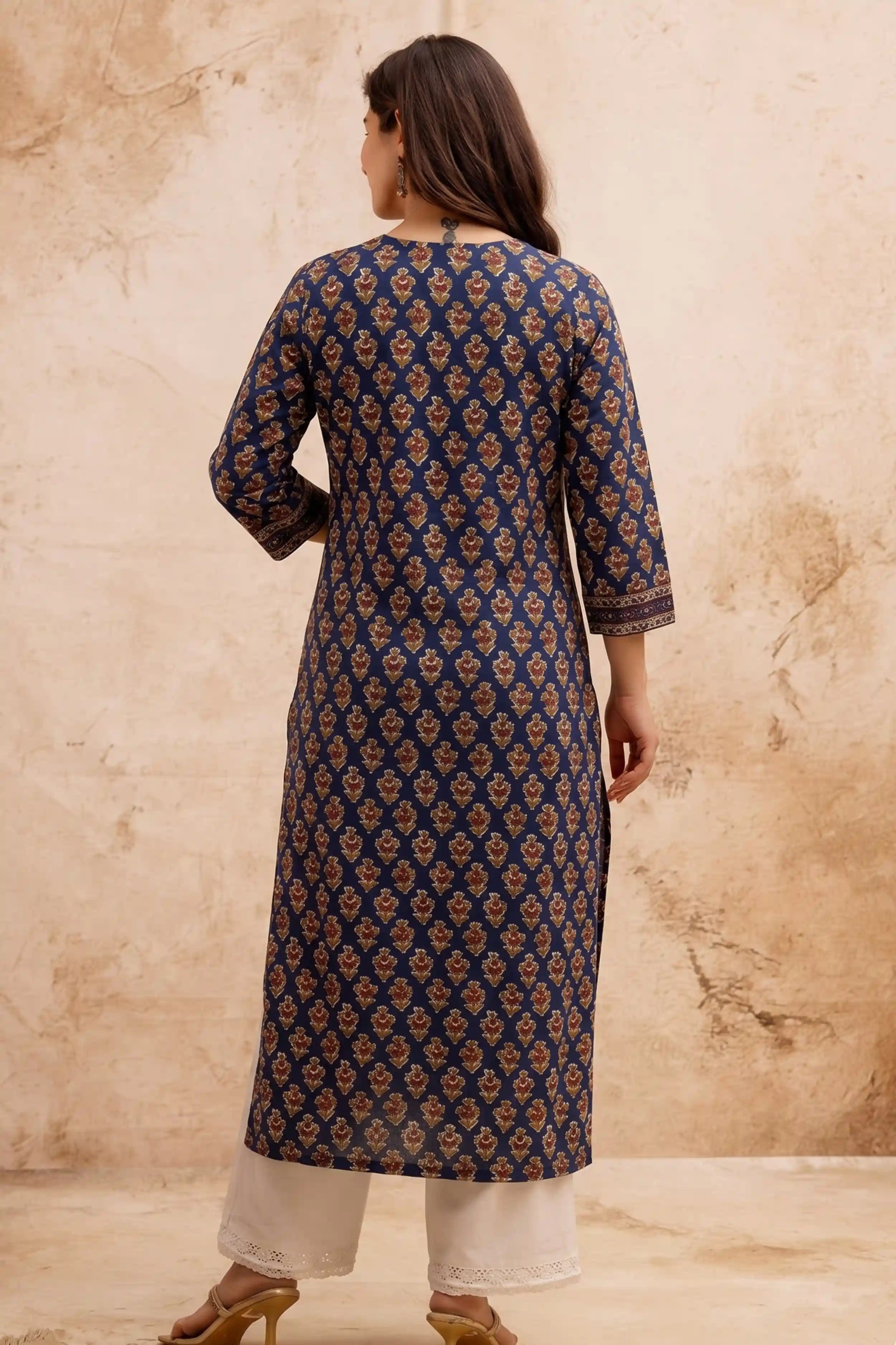 Navy Blue V-Neck Hand Printed Straight Kurta