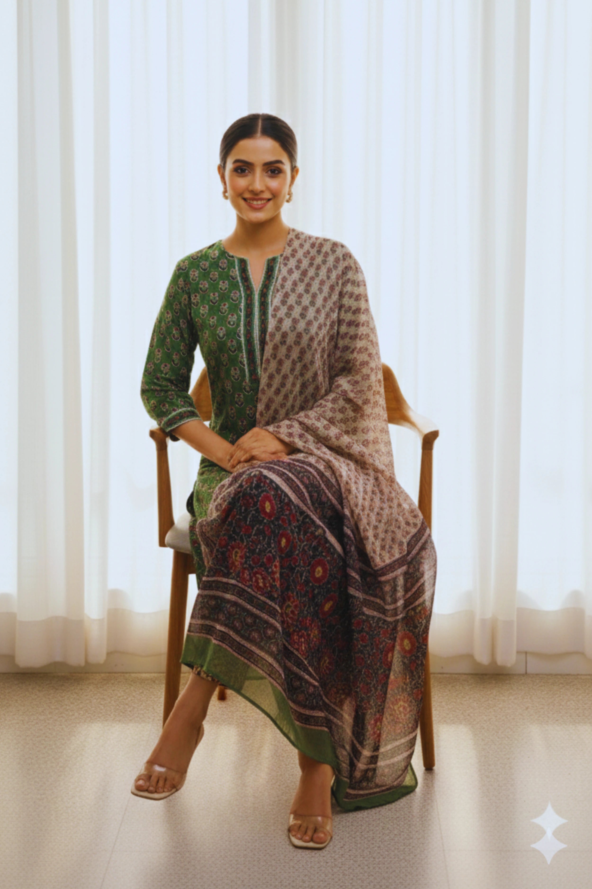 Green Hand Block Printed Straight cotton Kurta Set with Dupatta