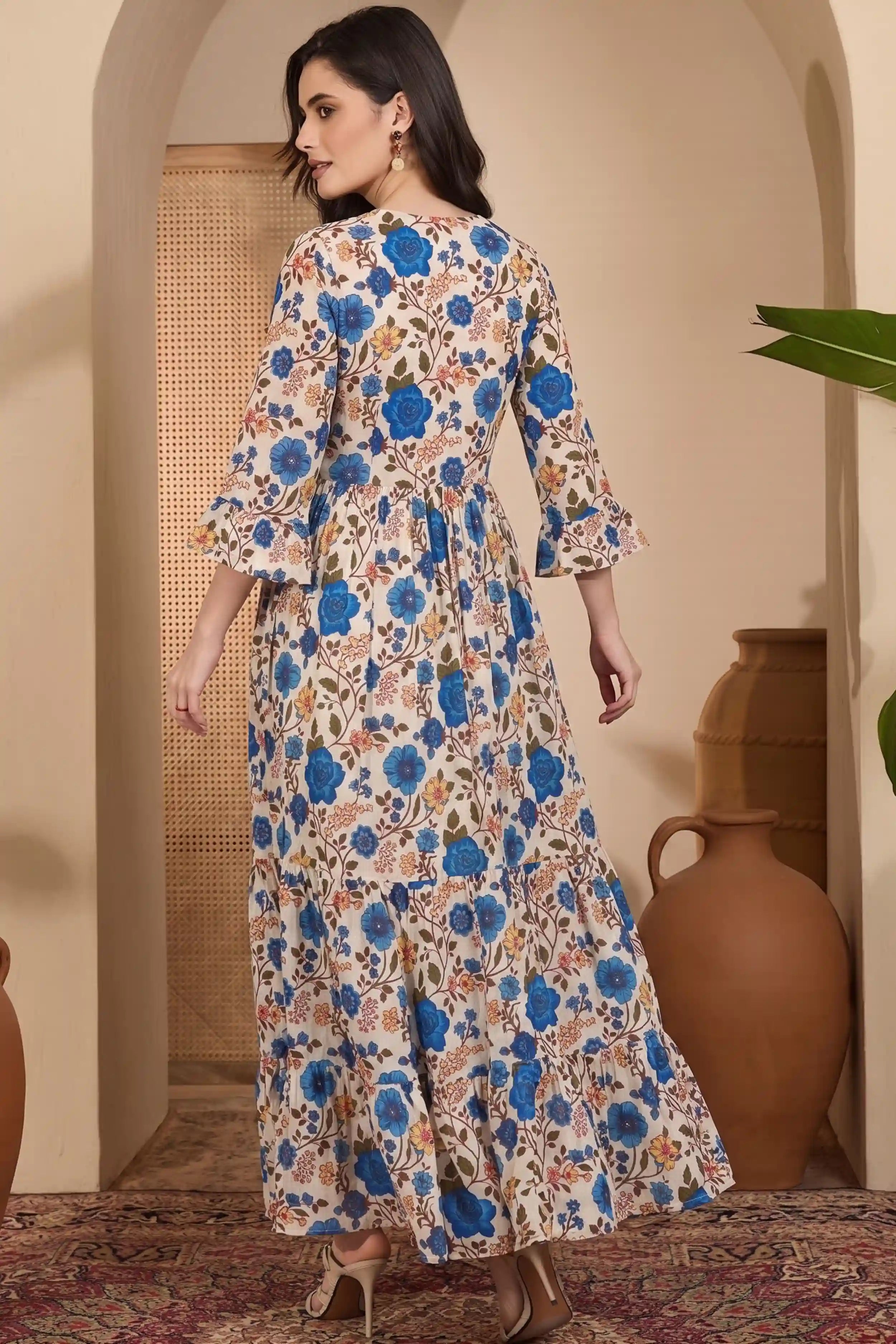 Blue Long Printed Tired Dress With Gather