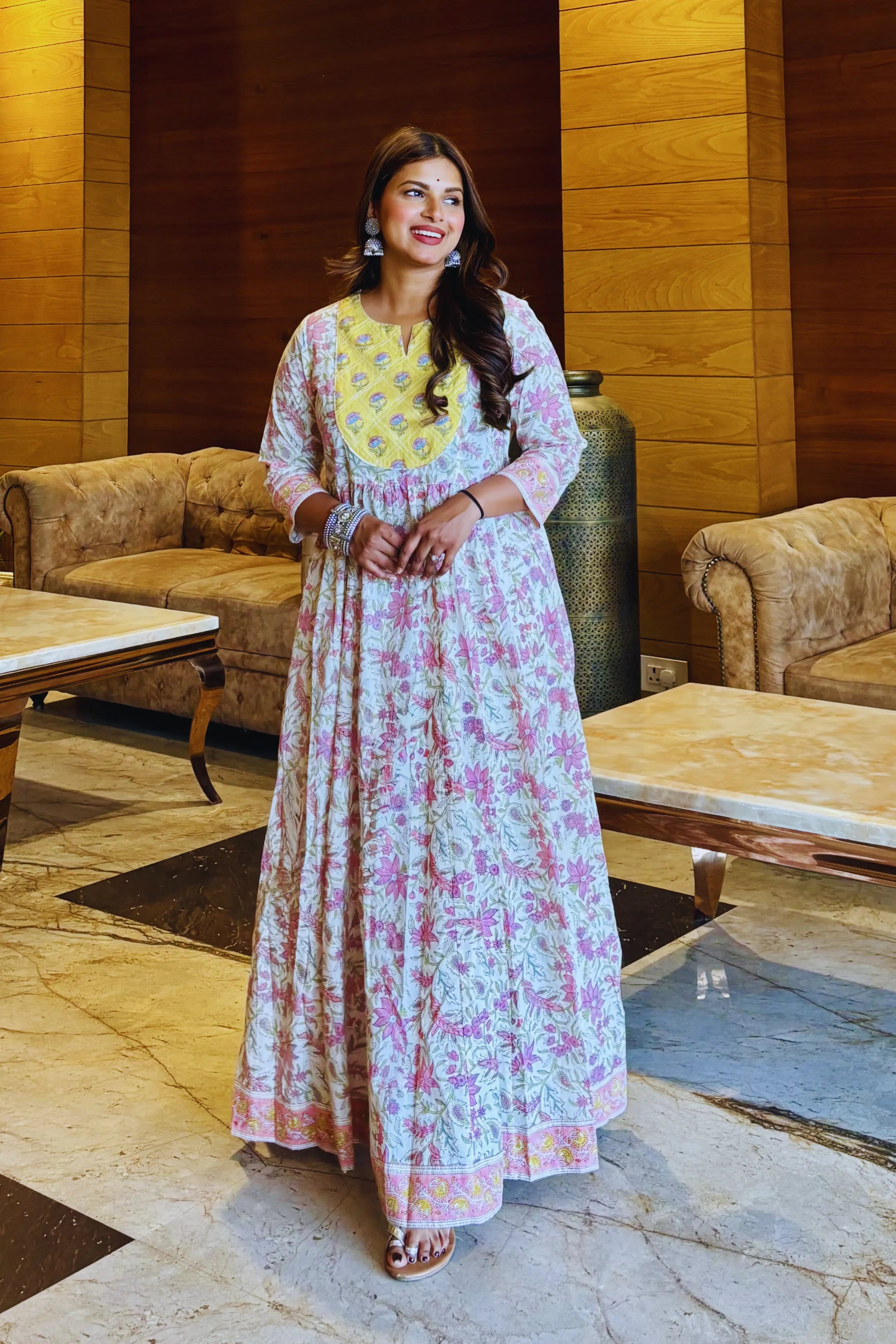 Mustard Yellow Hand Block Anarkali Kurta