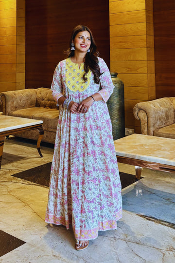 Mustard Yellow Hand Block Anarkali Kurta