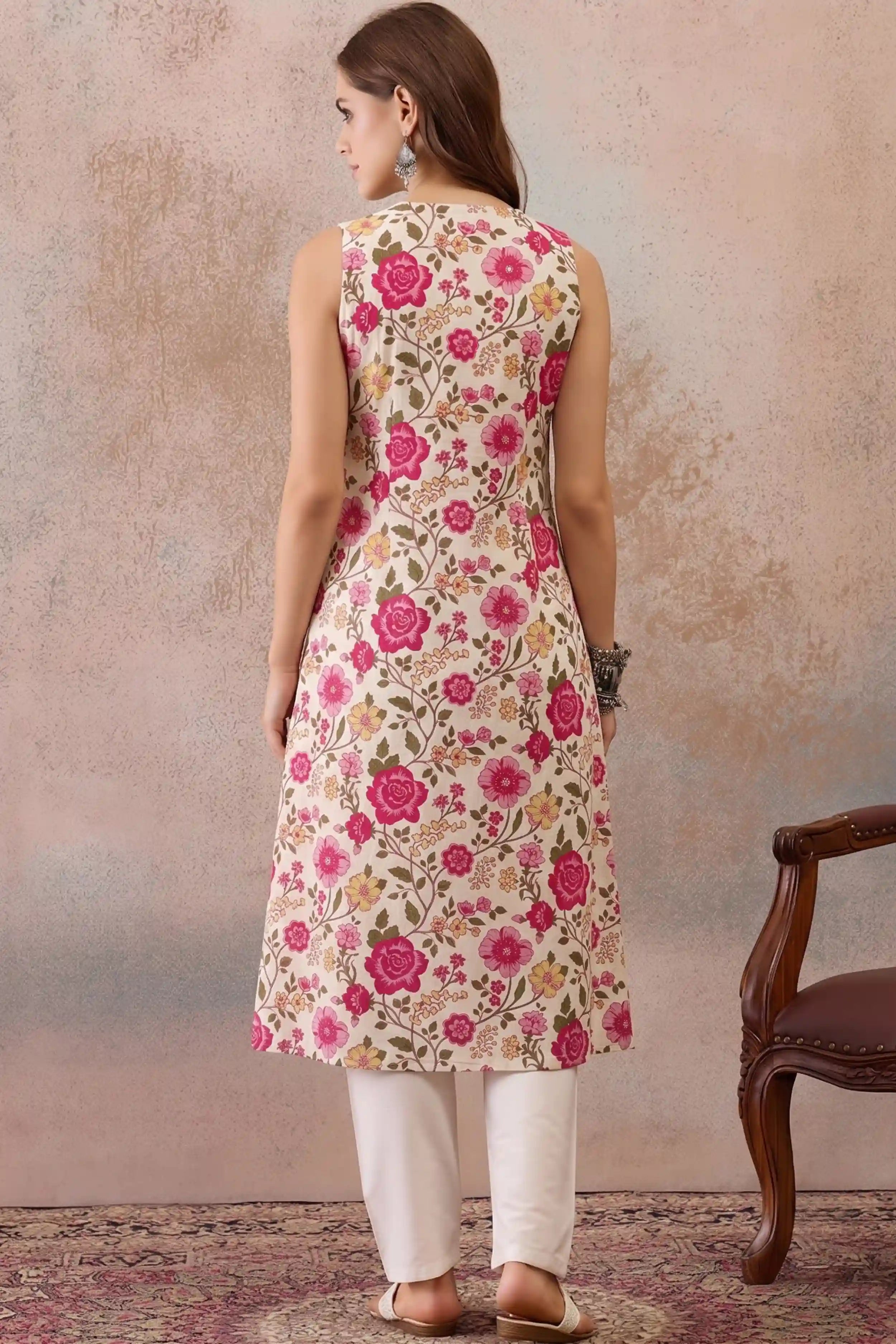 Pink V-Neck Sleeveless A line kurta With Pocket