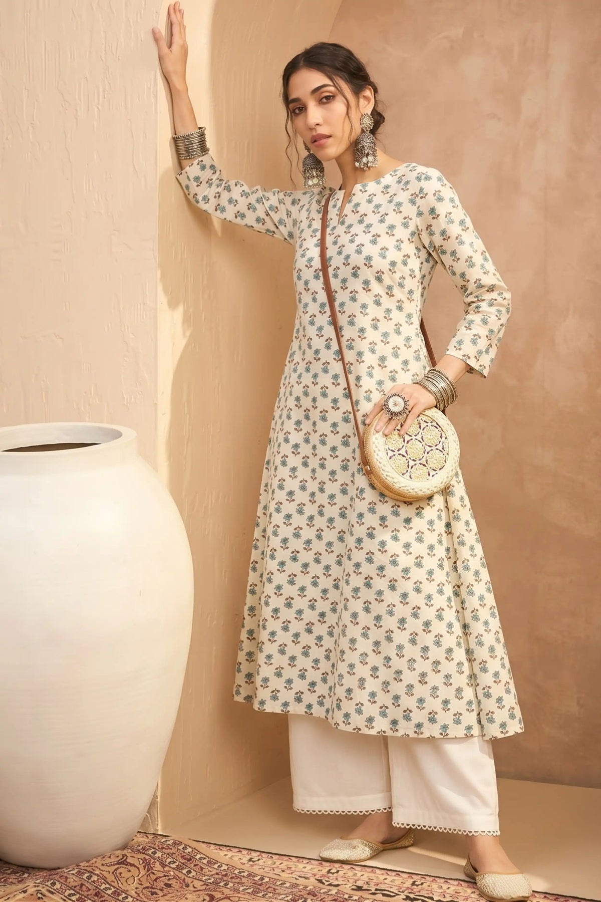 Cream Green A line kurta With Pocket