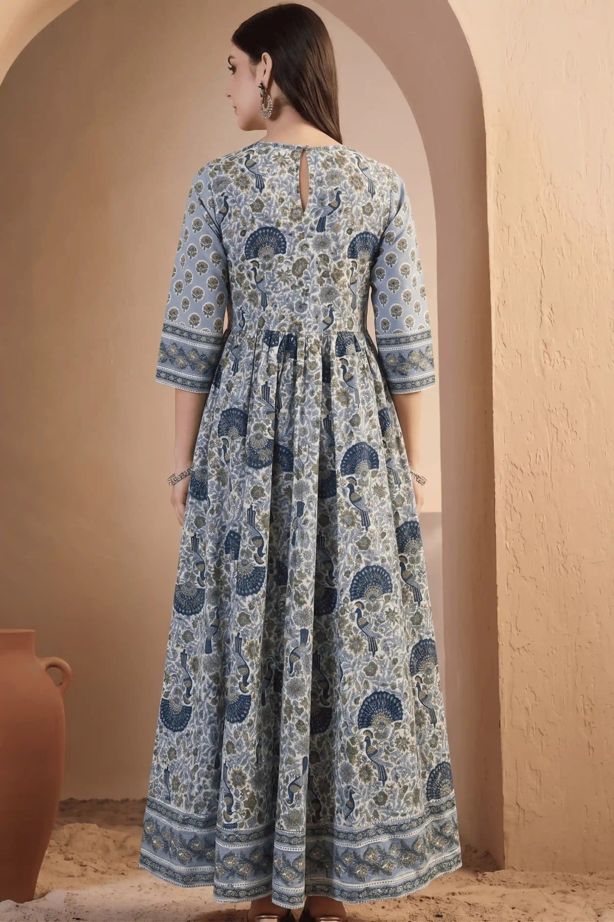 Blue Hand Block Printed Anarkali Dress with Peacock Motifs