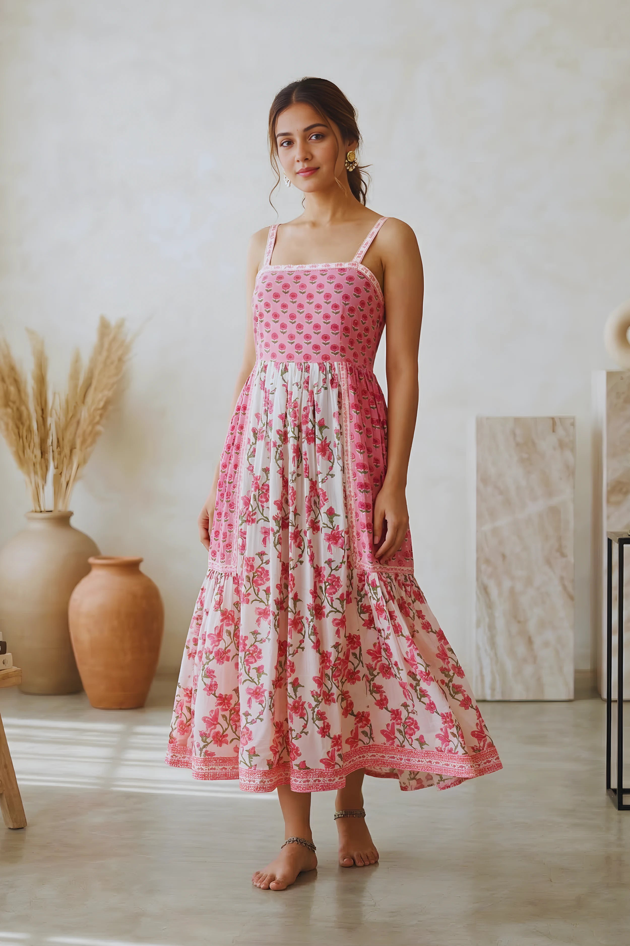 Blush Pink Hand Block Floral Printed Sleeveless Tiered Midi Dress