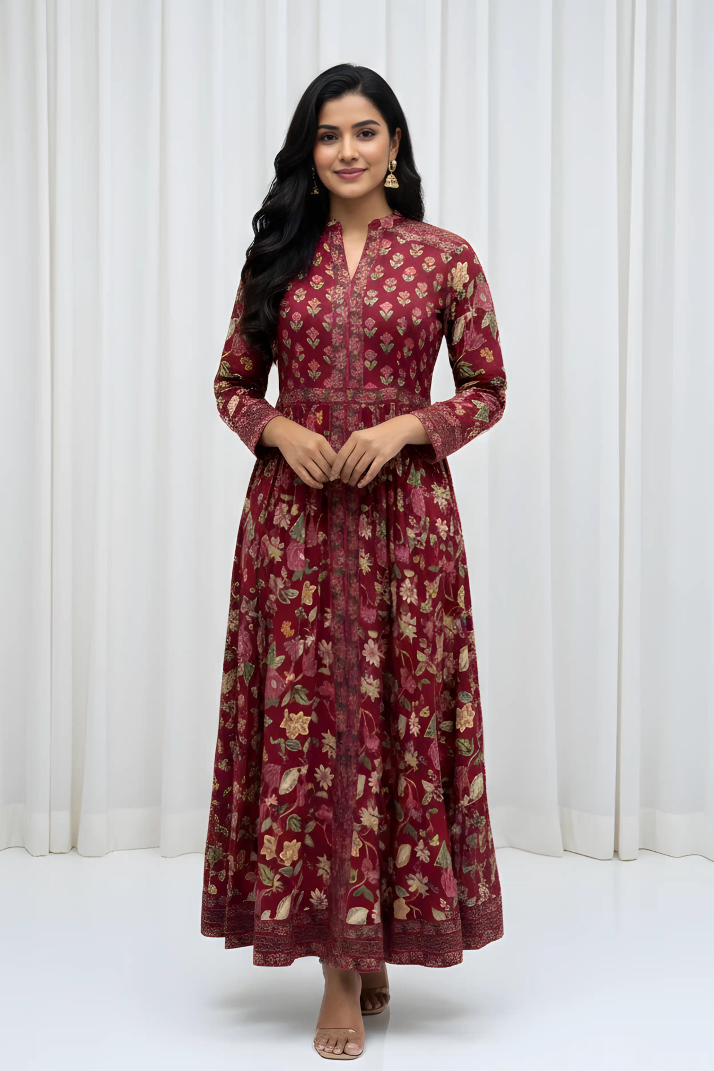 Wine Anarkali Cotton Hand Block Printed Ethnic Maxi Dress