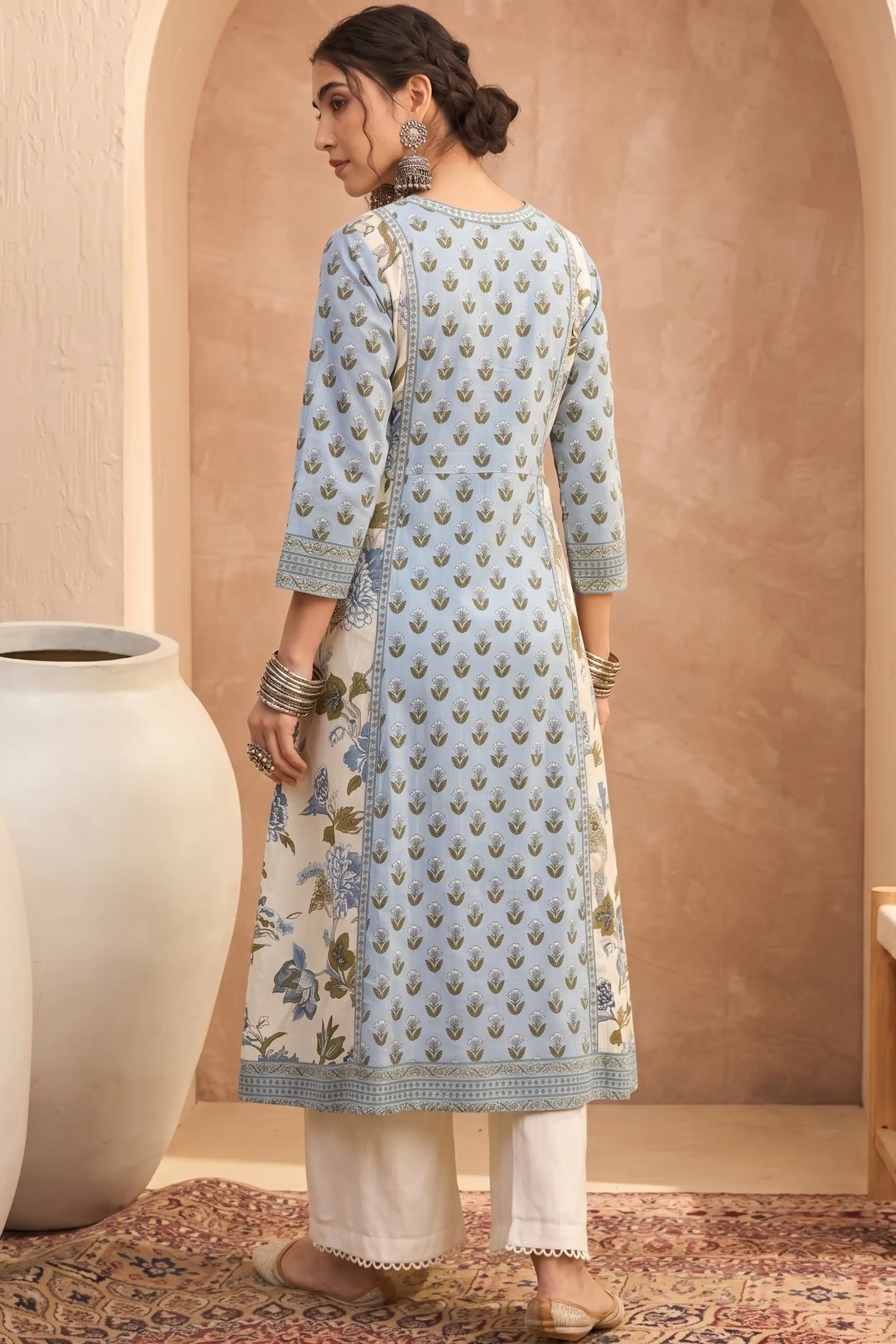Sky Blue Hand Printed A-line Kurta