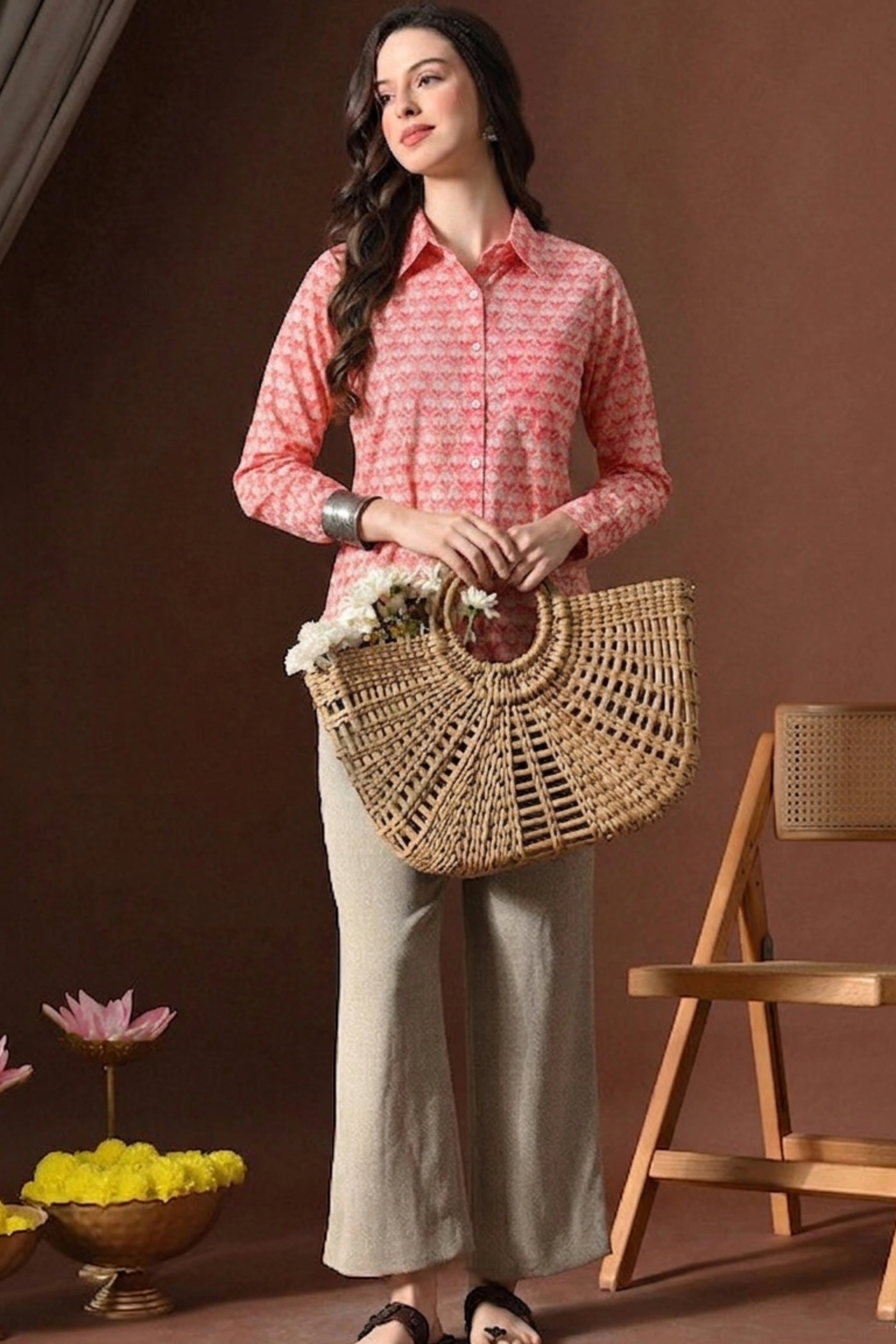 Coral Pink Hand Block Printed Collared Shirt