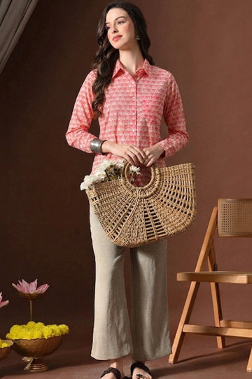 Coral Pink Hand Block Printed Collared Shirt