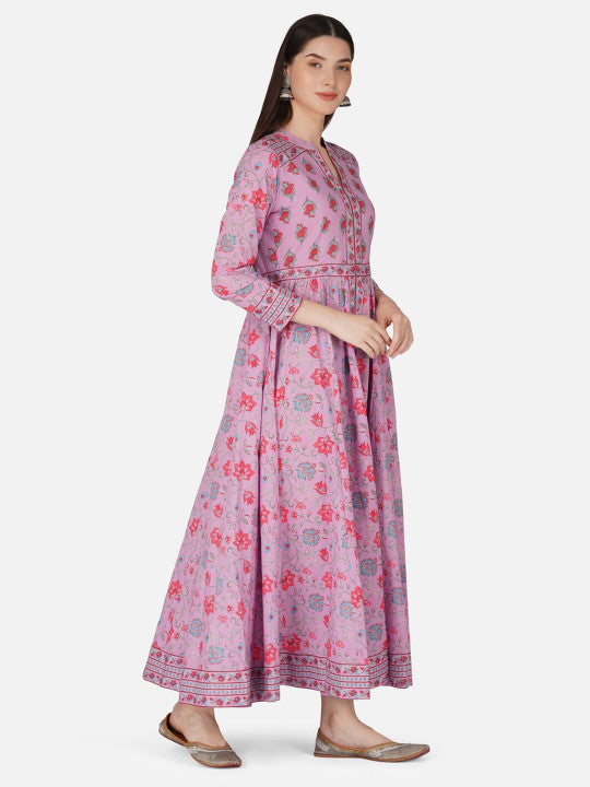 Purple Anarkali Cotton Hand Block Printed Ethnic Maxi Dress
