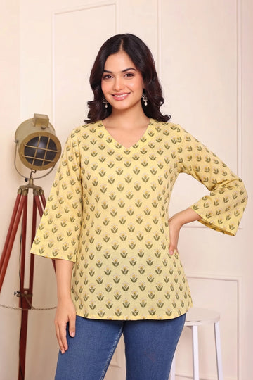 Yellow Hand Printed Short Kurti