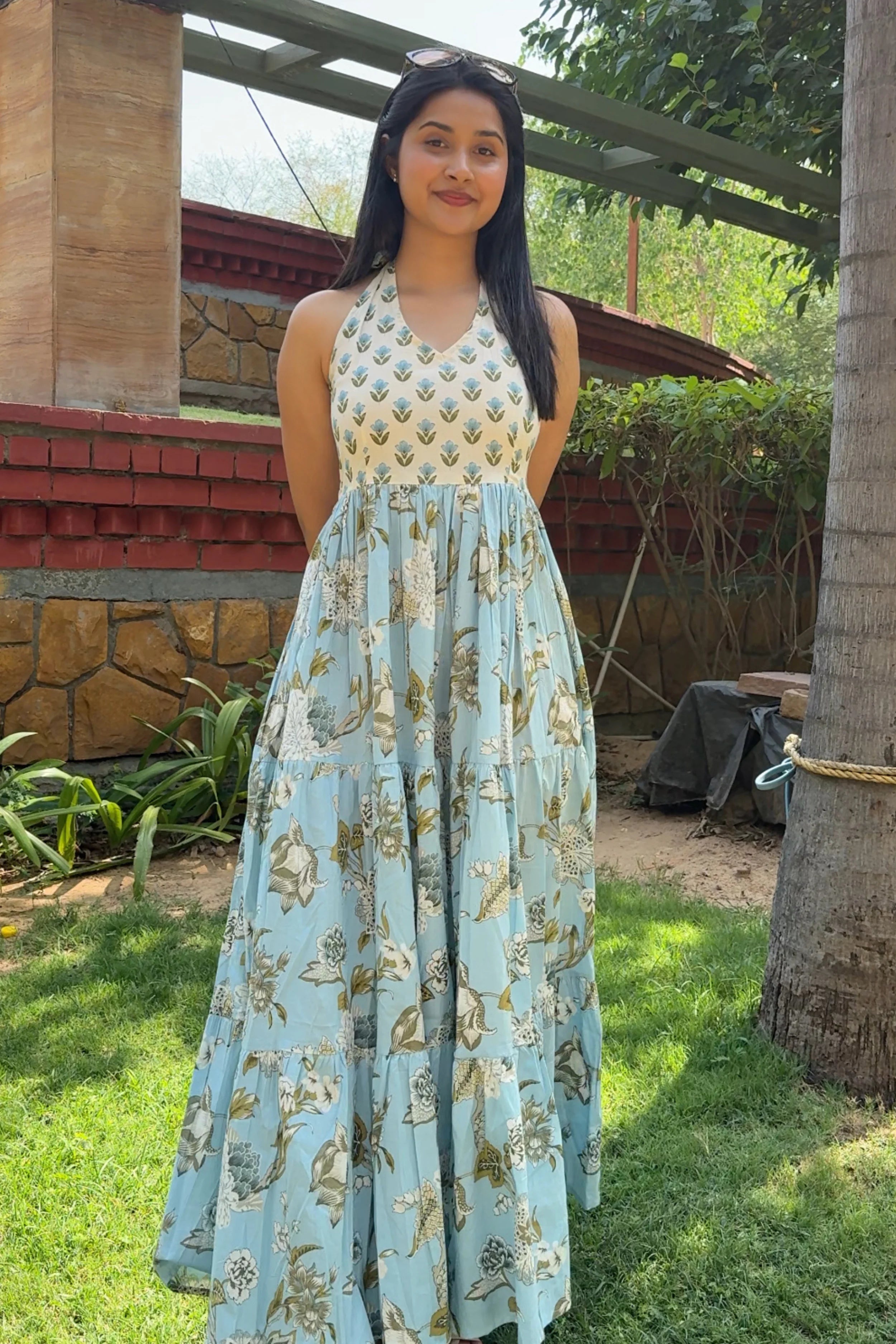 Blue Floral Hand Printed Halter Maxi Dress