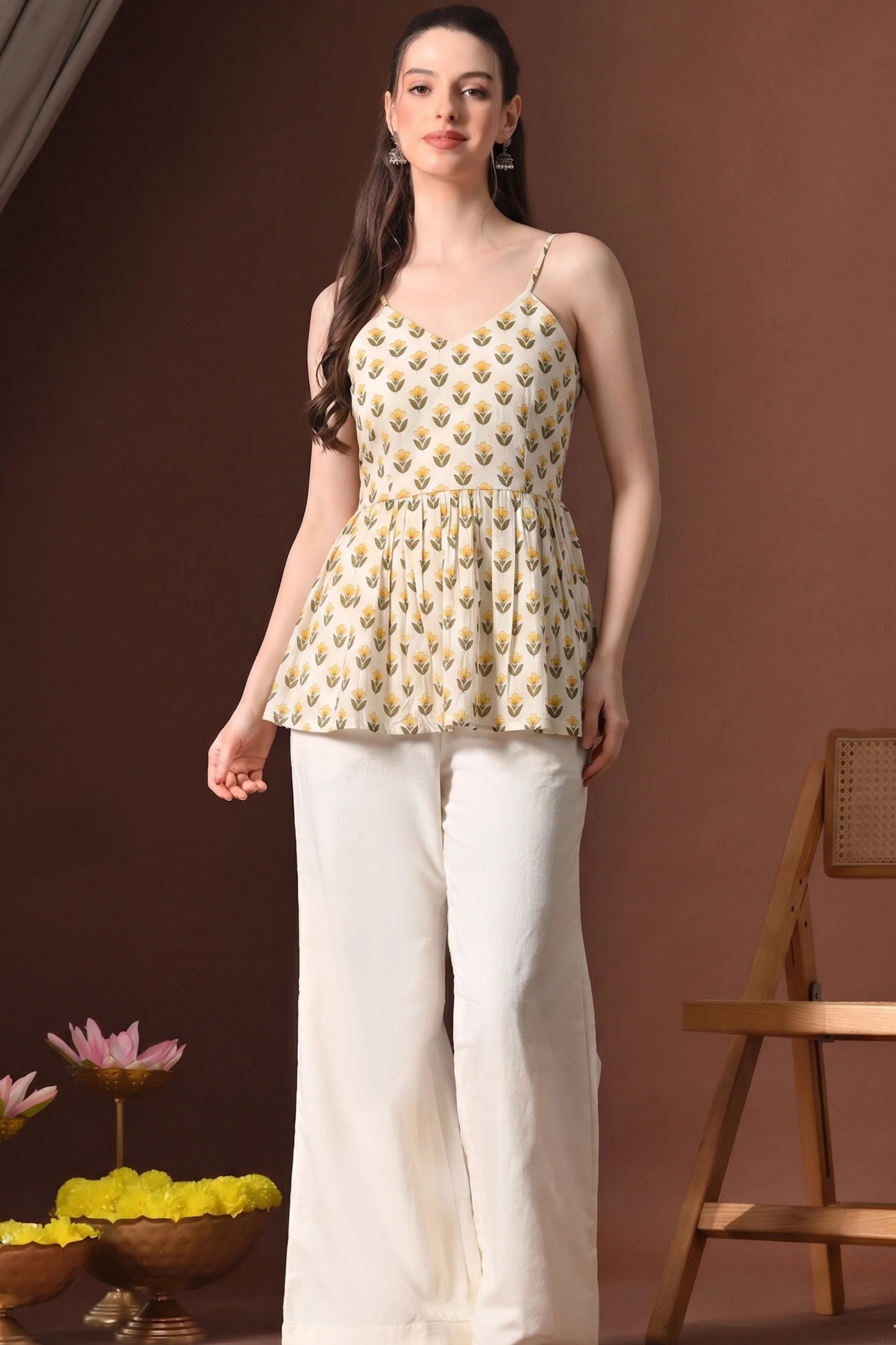 Yellow Floral Hand Printed Cotton Spaghetti Top with Lining
