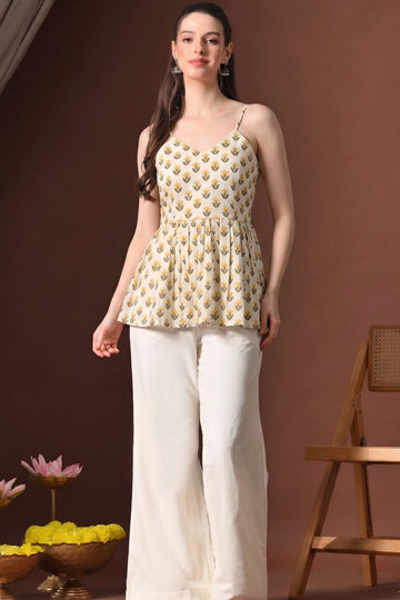 Yellow Floral Hand Printed Cotton Spaghetti Top with Lining
