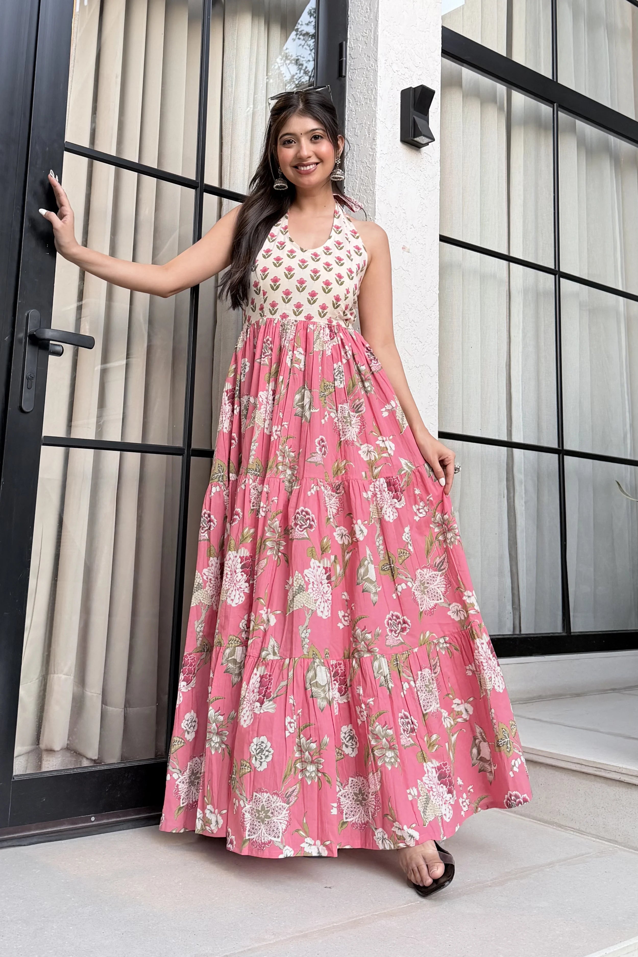 Pink Floral Hand Printed Halter Maxi Dress