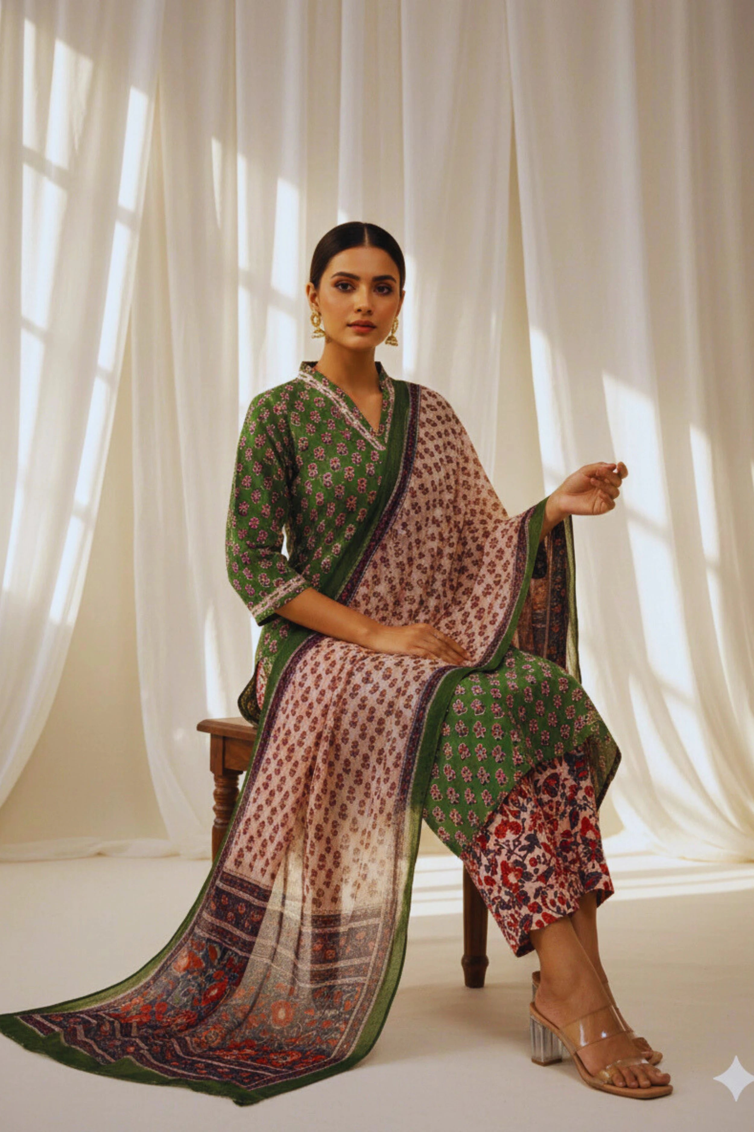 Green Hand Block Printed Straight cotton Kurta Set with Chiffon Dupatta