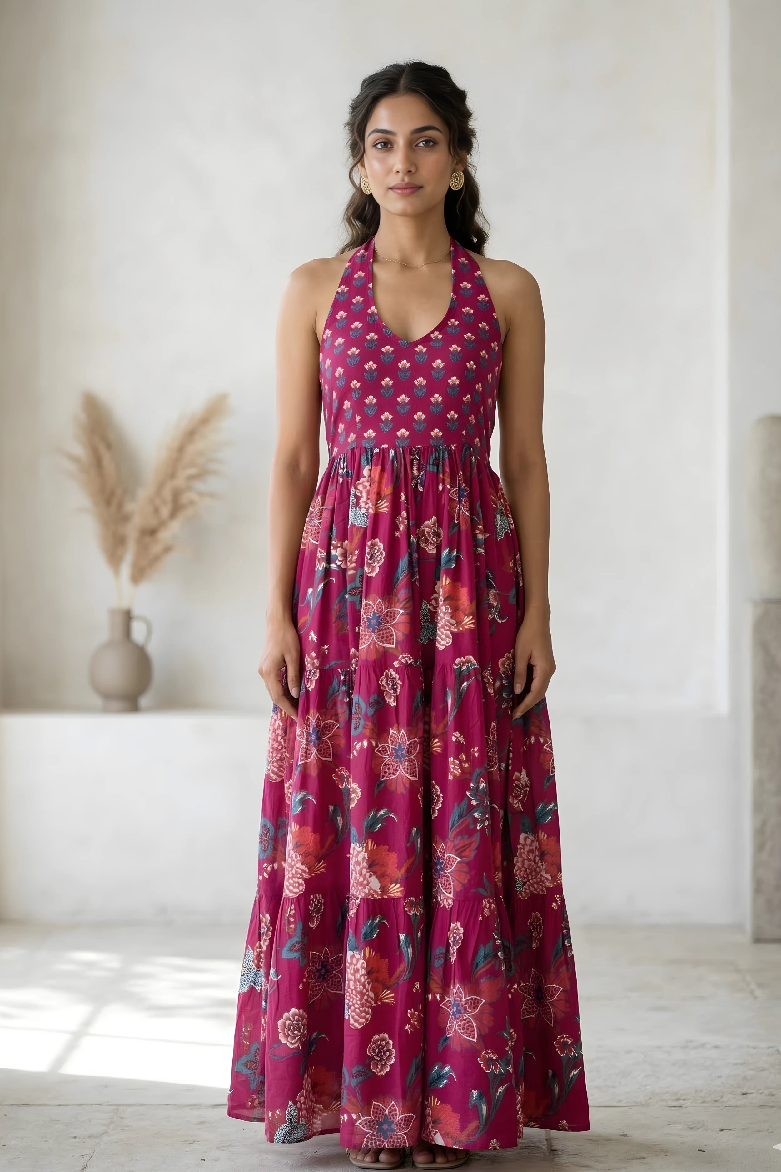 Pink Floral Hand Printed Halter Maxi Dress