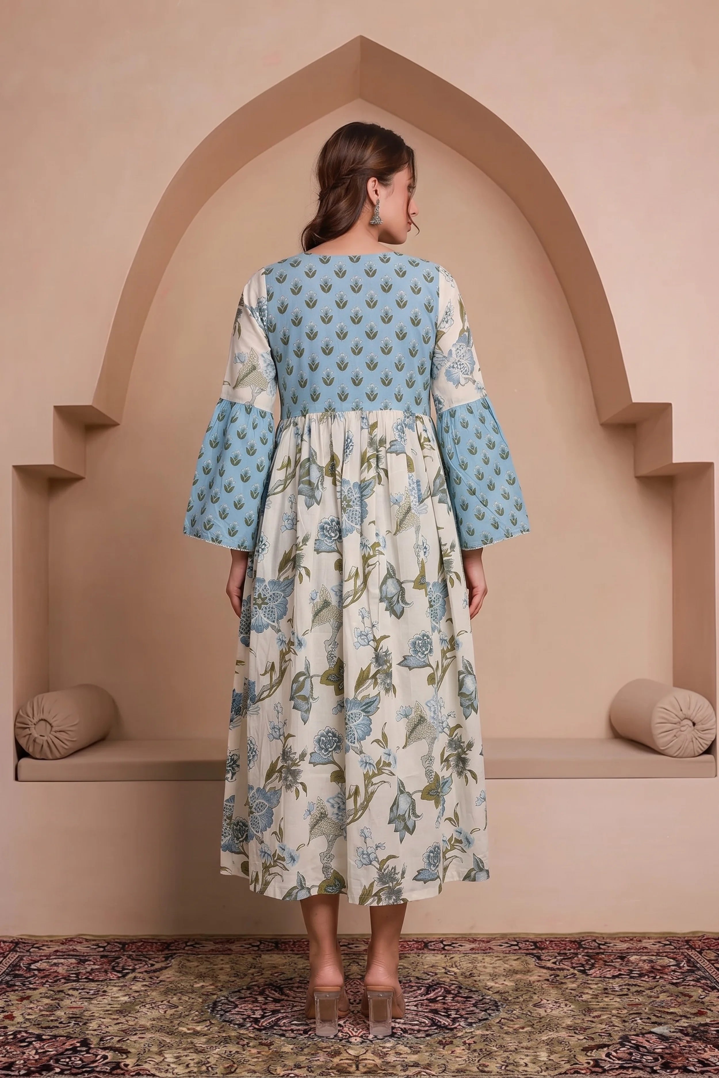 Blue Hand Printed Floral Midi Dress with Square Neck