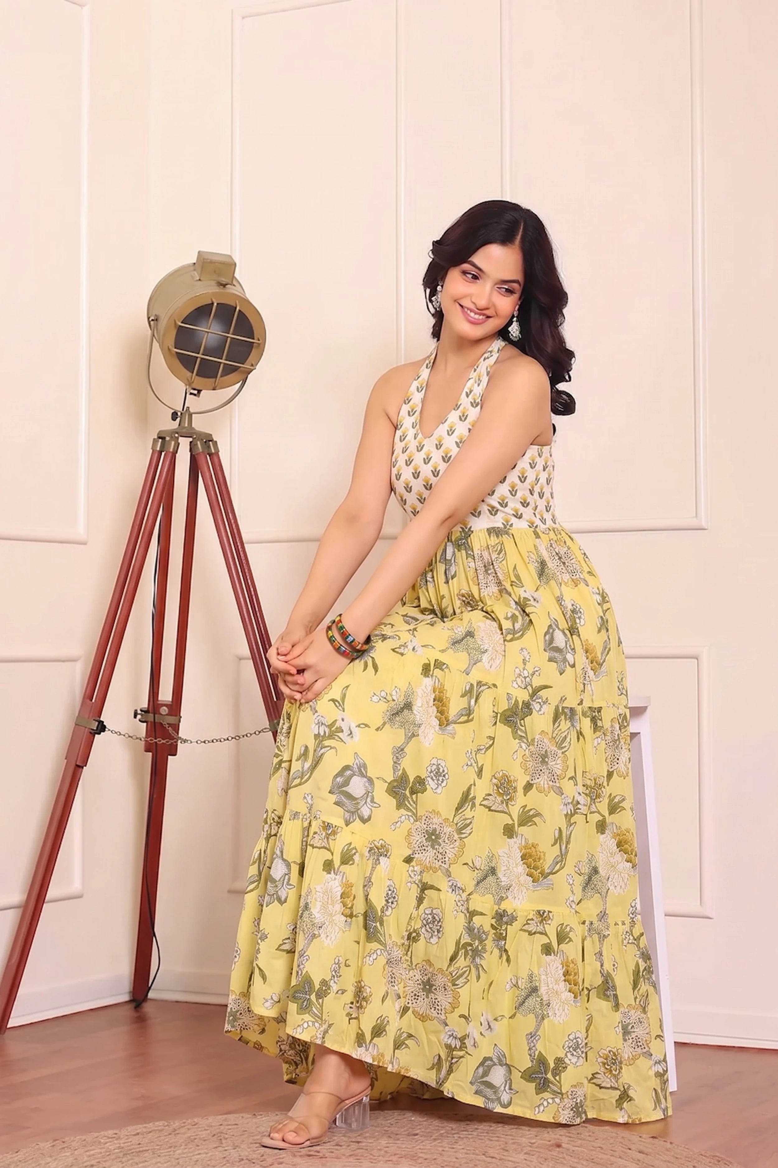 Yellow Floral Hand Printed Halter Maxi Dress