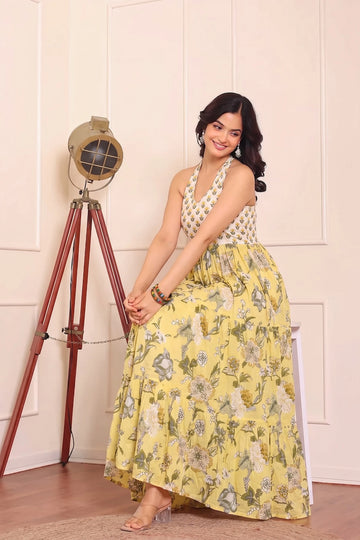 Yellow Floral Hand Printed Halter Maxi Dress
