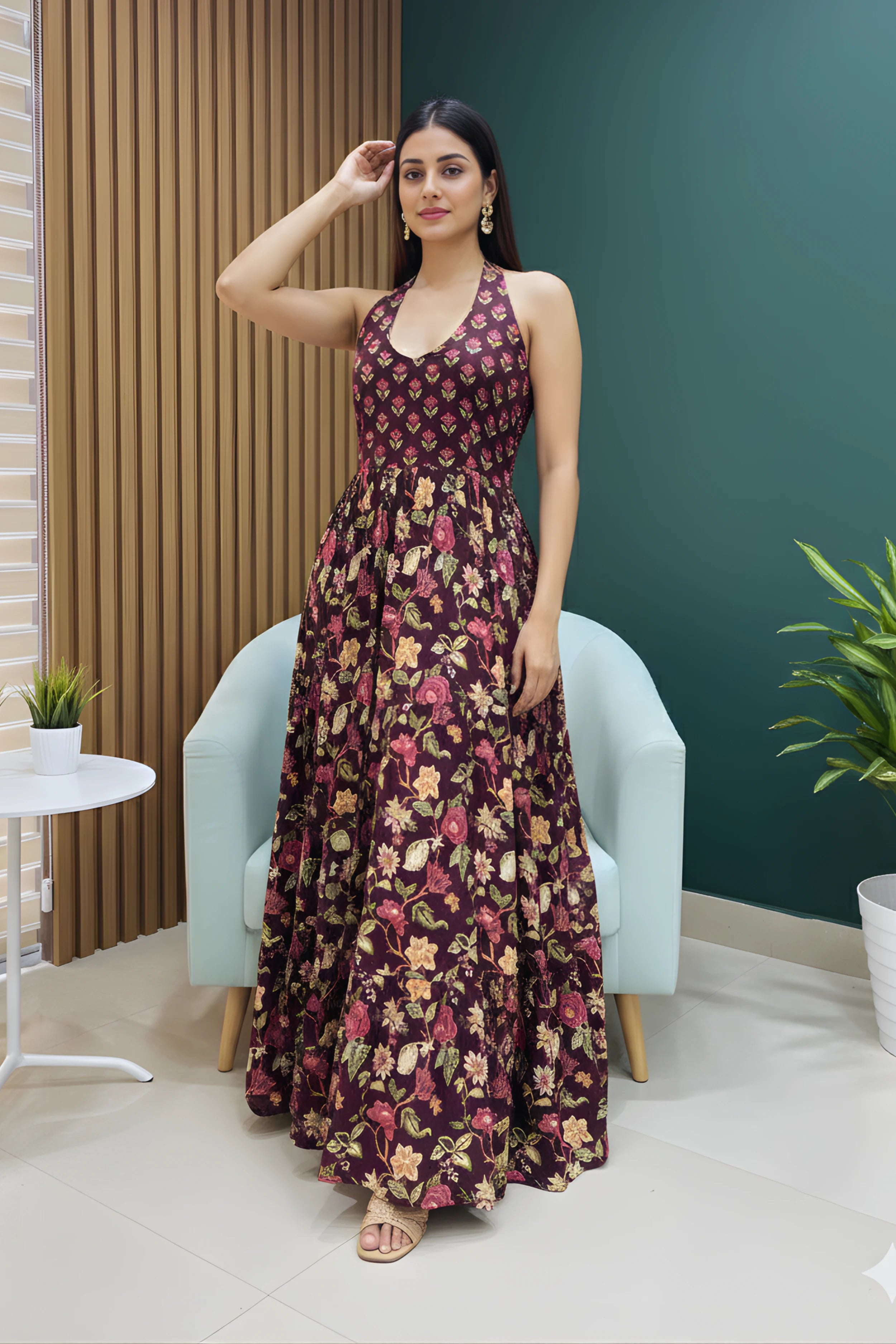 Burgundy Floral Hand Printed Halter Maxi Dress