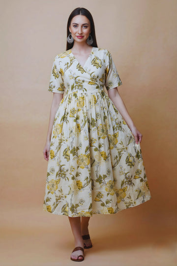 Yellow Hand Printed V-Neck Midi Dress In Angrakha style
