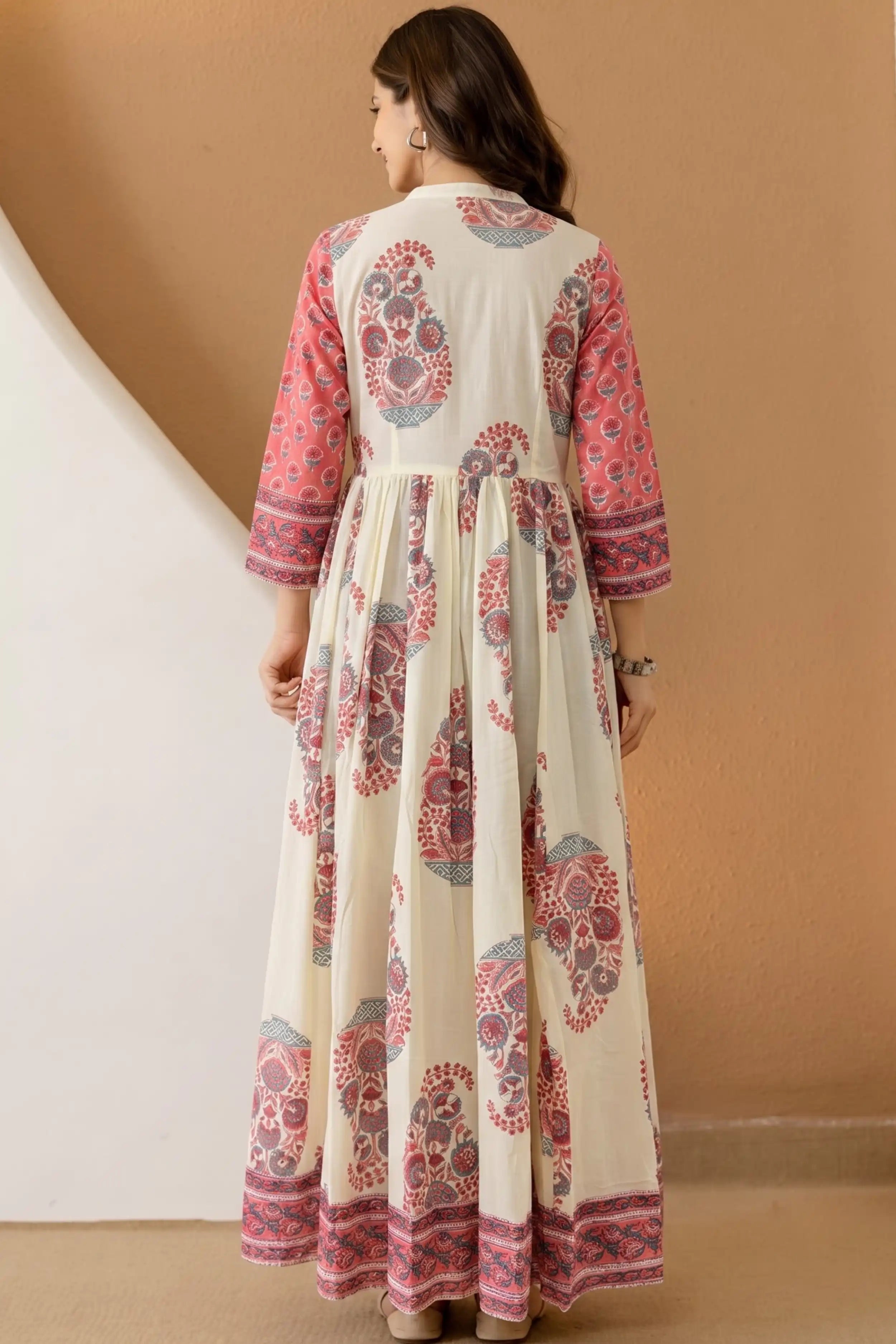 Peach Hand Block Floral Printed Anarkali Maxi Dress
