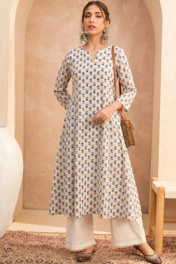 Cream Blue A line kurta With Pocket