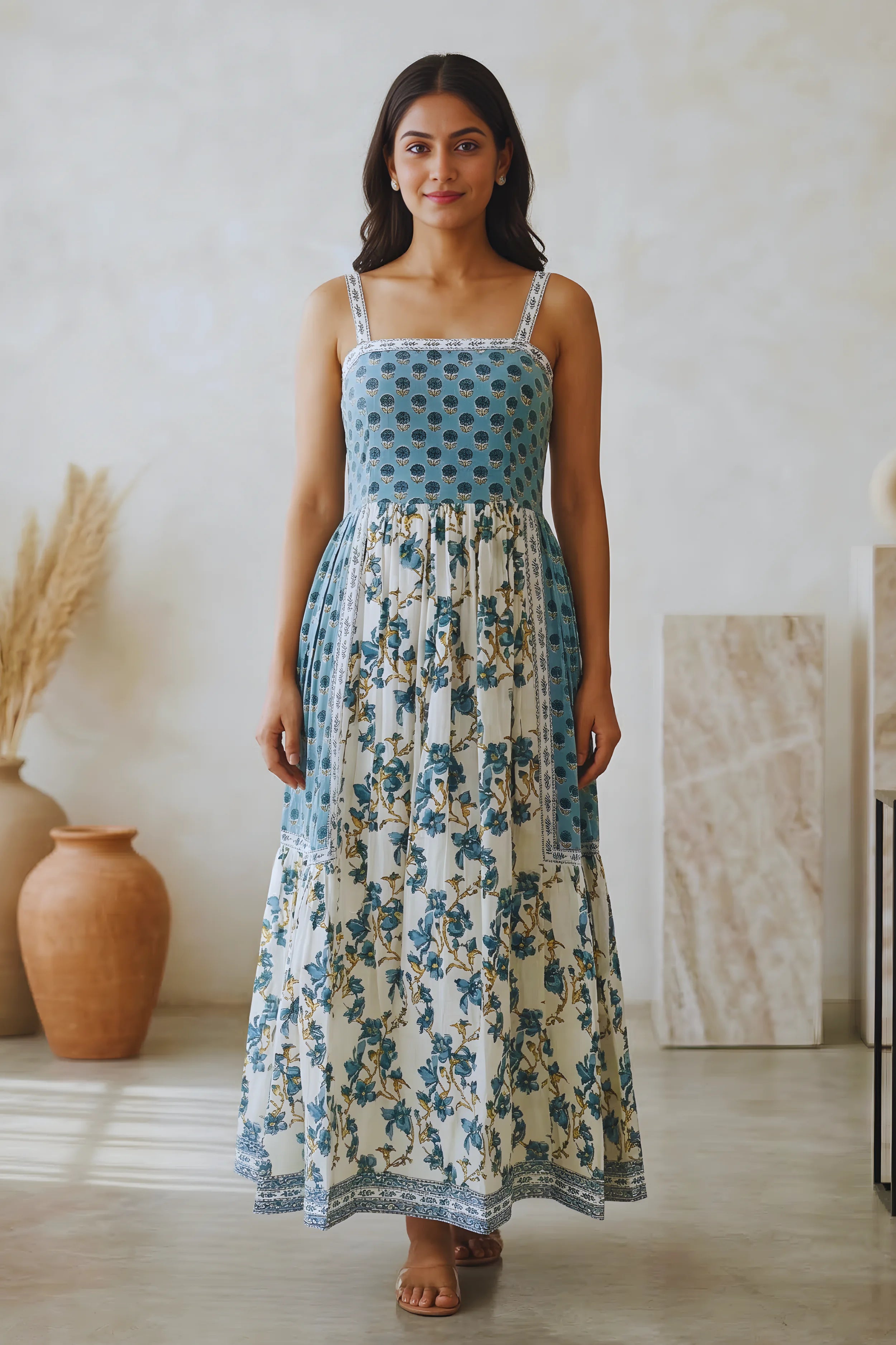 Sea Green Hand Block Floral Printed Sleeveless Tiered Midi Dress