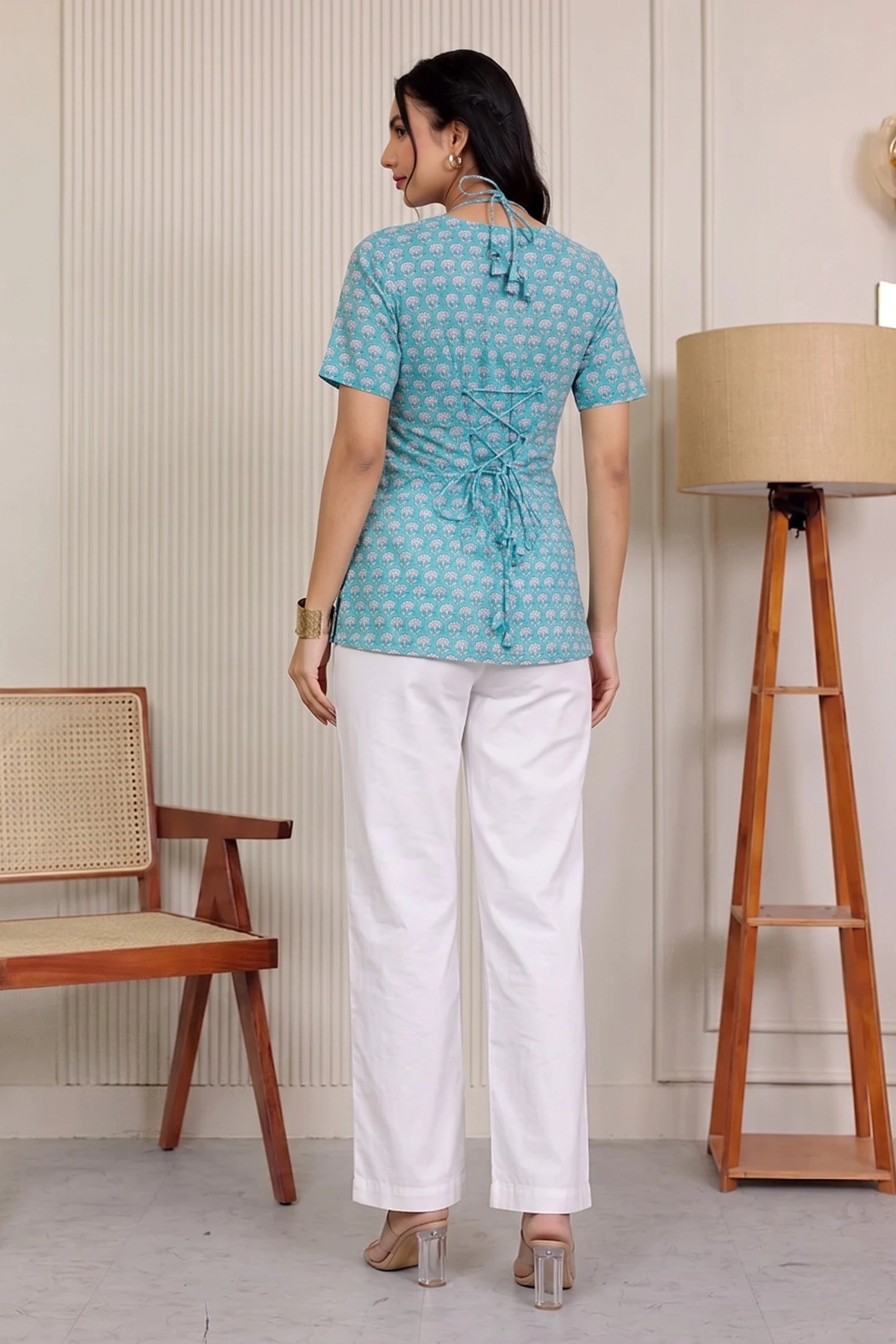 Aqua Green Hand Block Printed Cotton Top with Round Neck & Adjustable Back Corset Detail