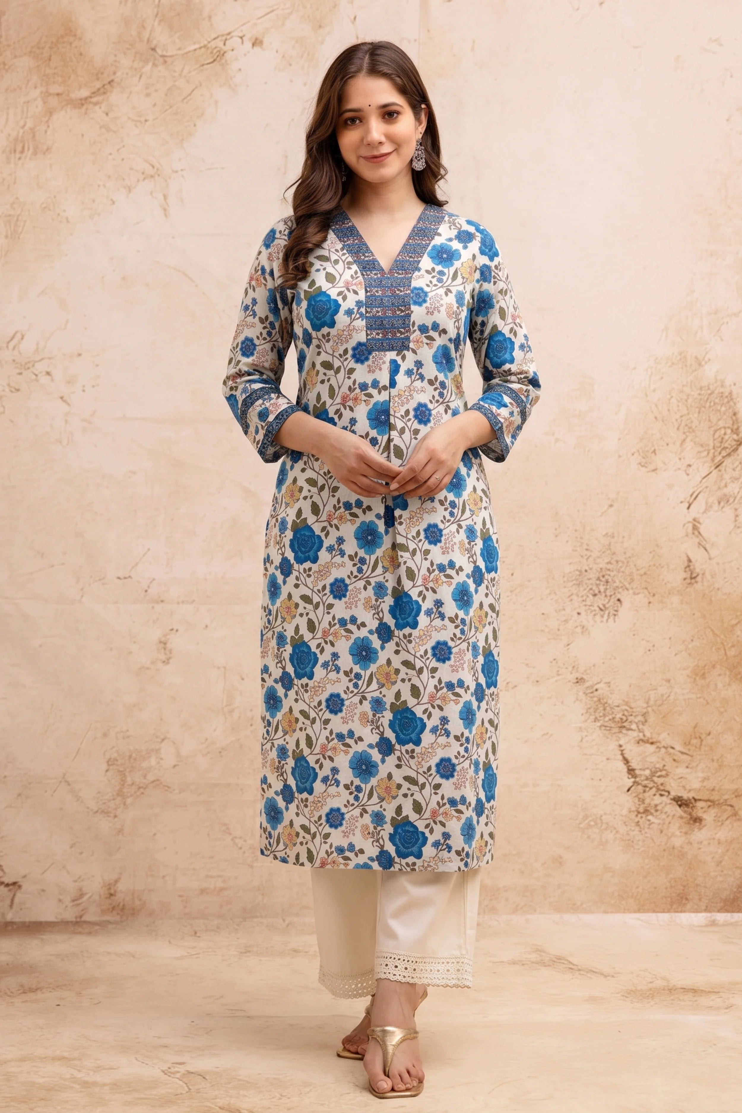 Blue Floral V-Neck Hand Printed Straight Kurta
