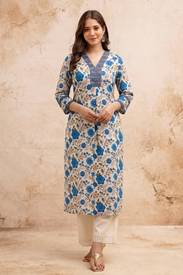 Blue Floral V-Neck Hand Printed Straight Kurta