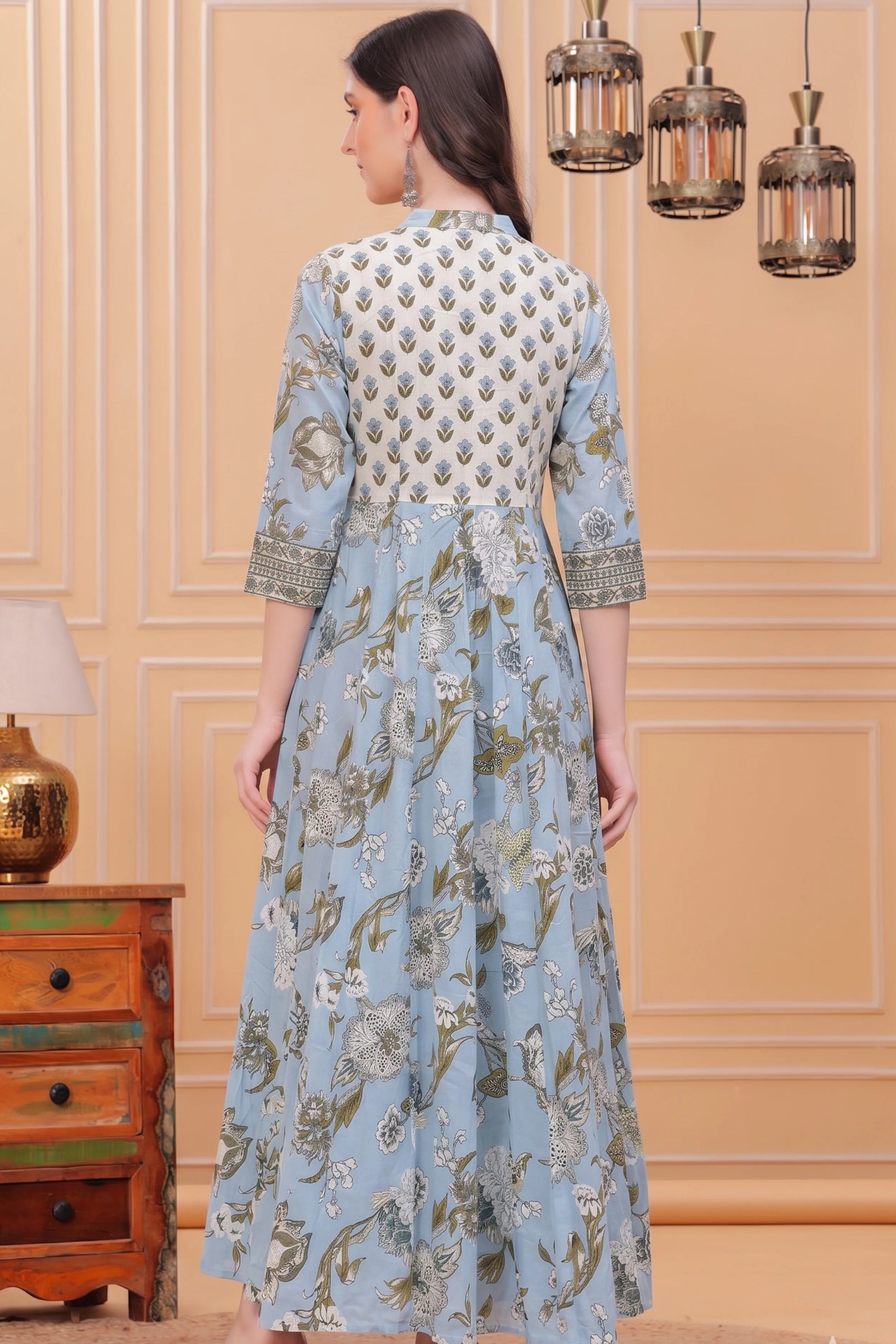 Sky Blue Floral Hand Printed Anarkali Maxi Dress