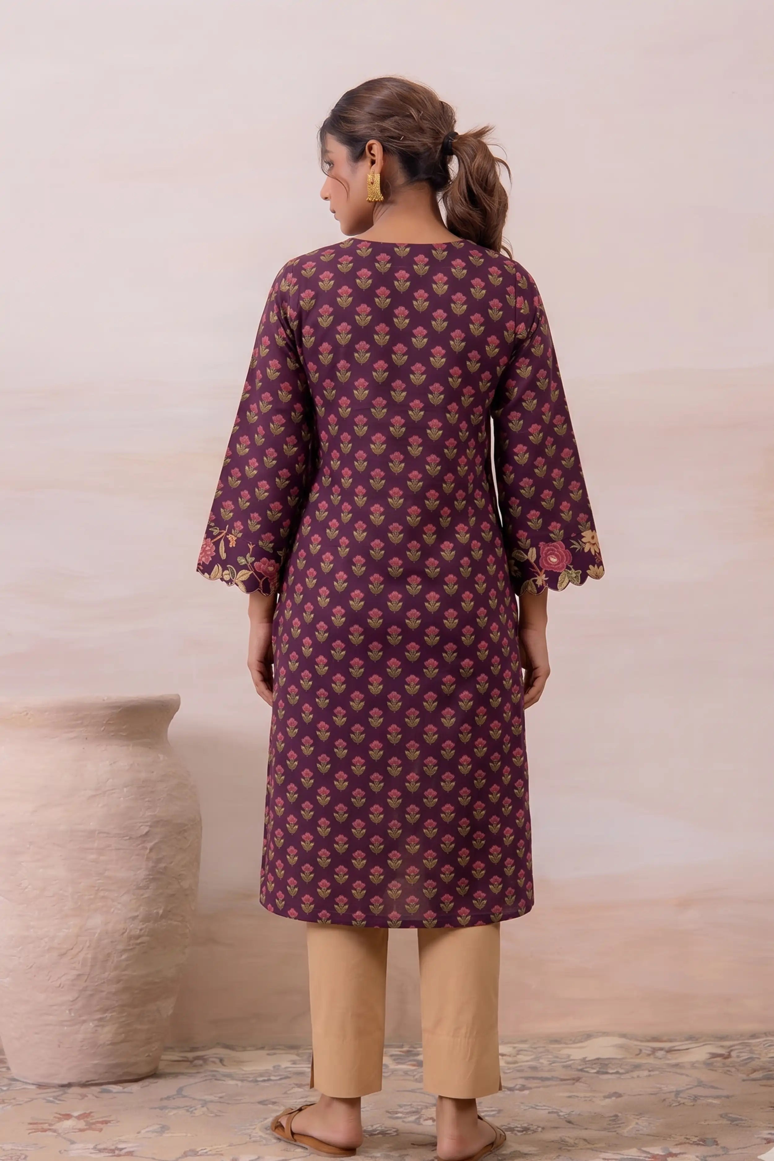 Burgundy Floral Printed Cotton Straight Kurta
