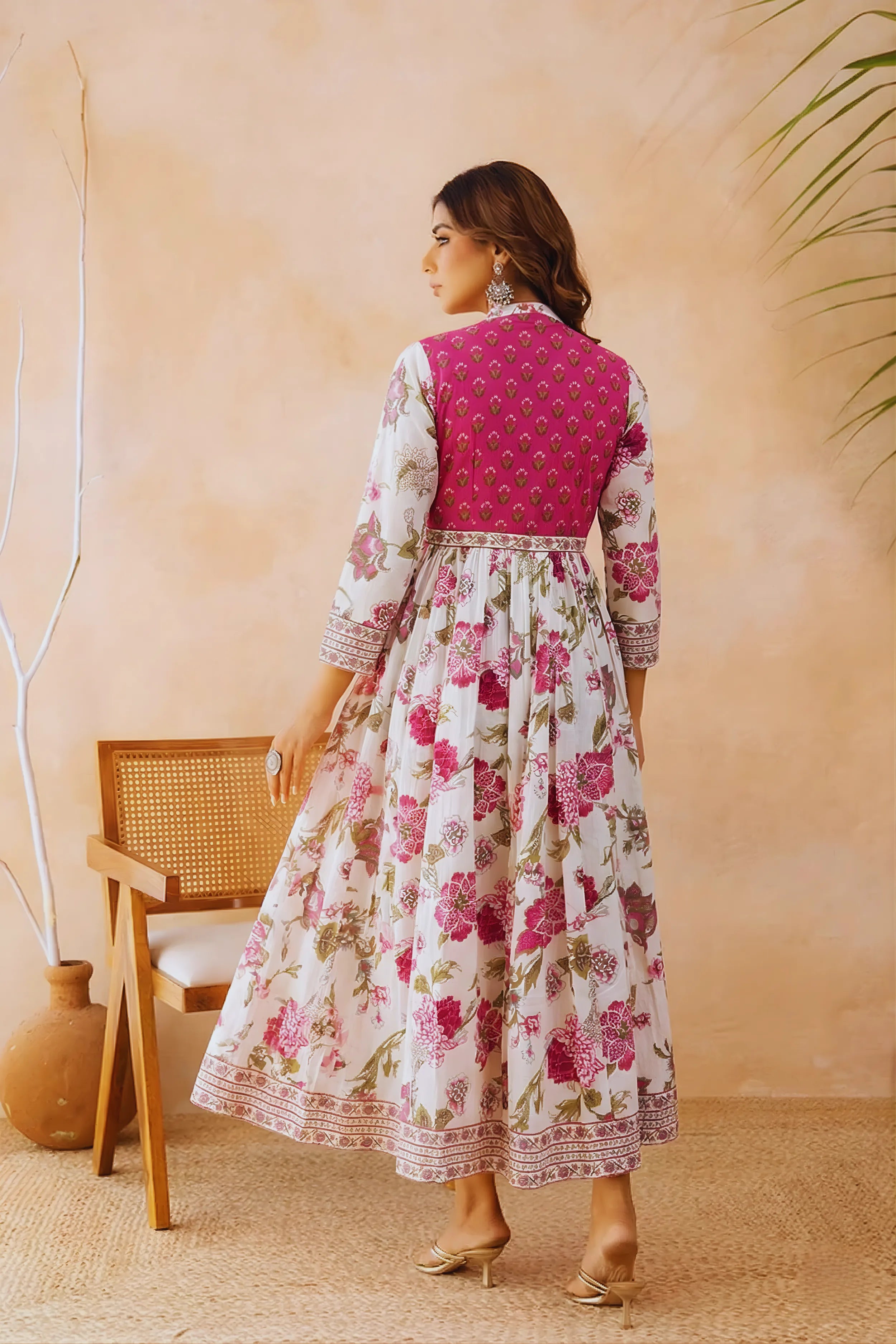 Pink Anarkali Cotton Hand Block Printed Ethnic Maxi Dress