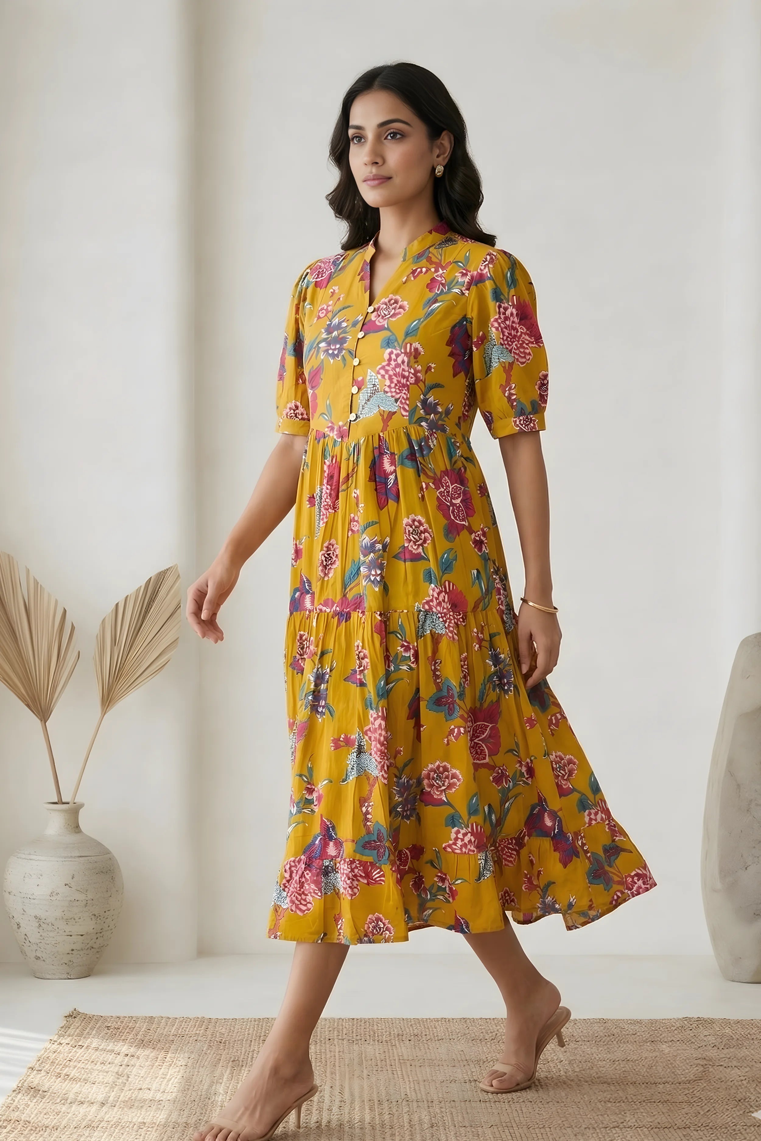 Mustard Floral Printed Tiered Fit & Flare Cinderella Dress
