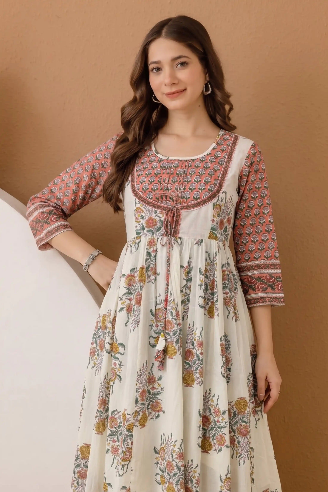 Orange Hand Block Floral Printed Anarkali Maxi Dress
