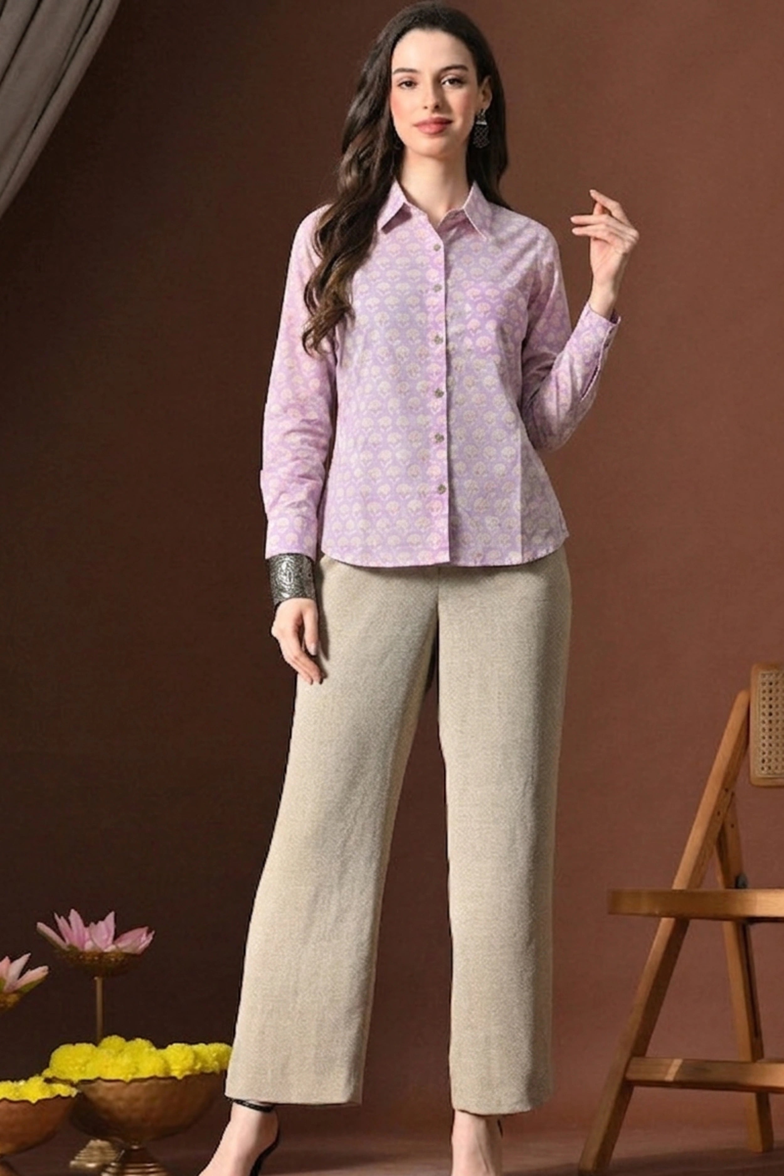 Soft Lilac Purple Hand Block Printed Collared Shirt