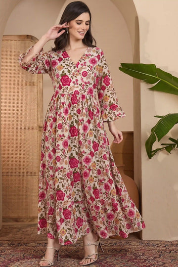 Pink Long Printed Tired Dress With Gather