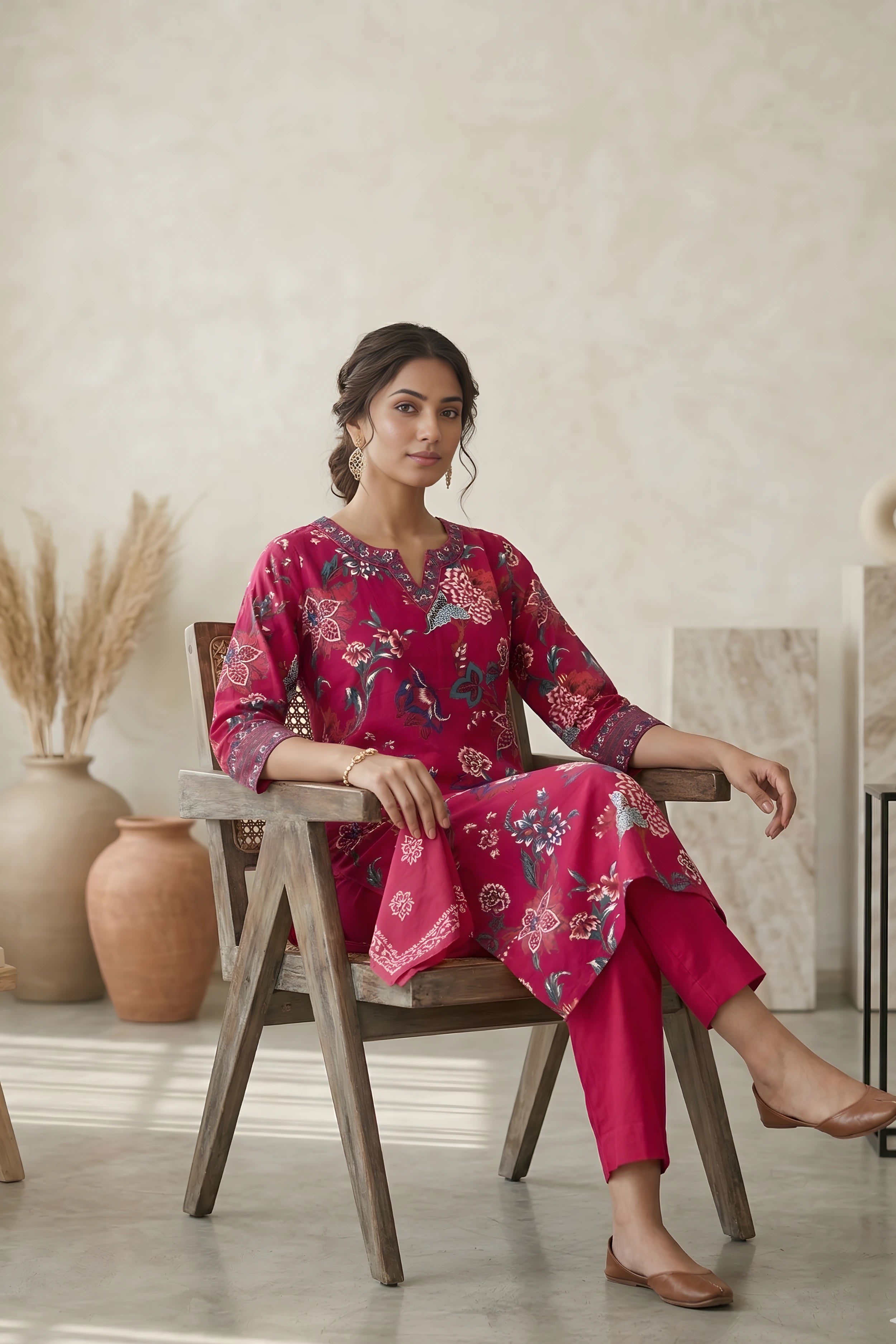 Pink Floral Hand Printed Corset Back Straight Kurta