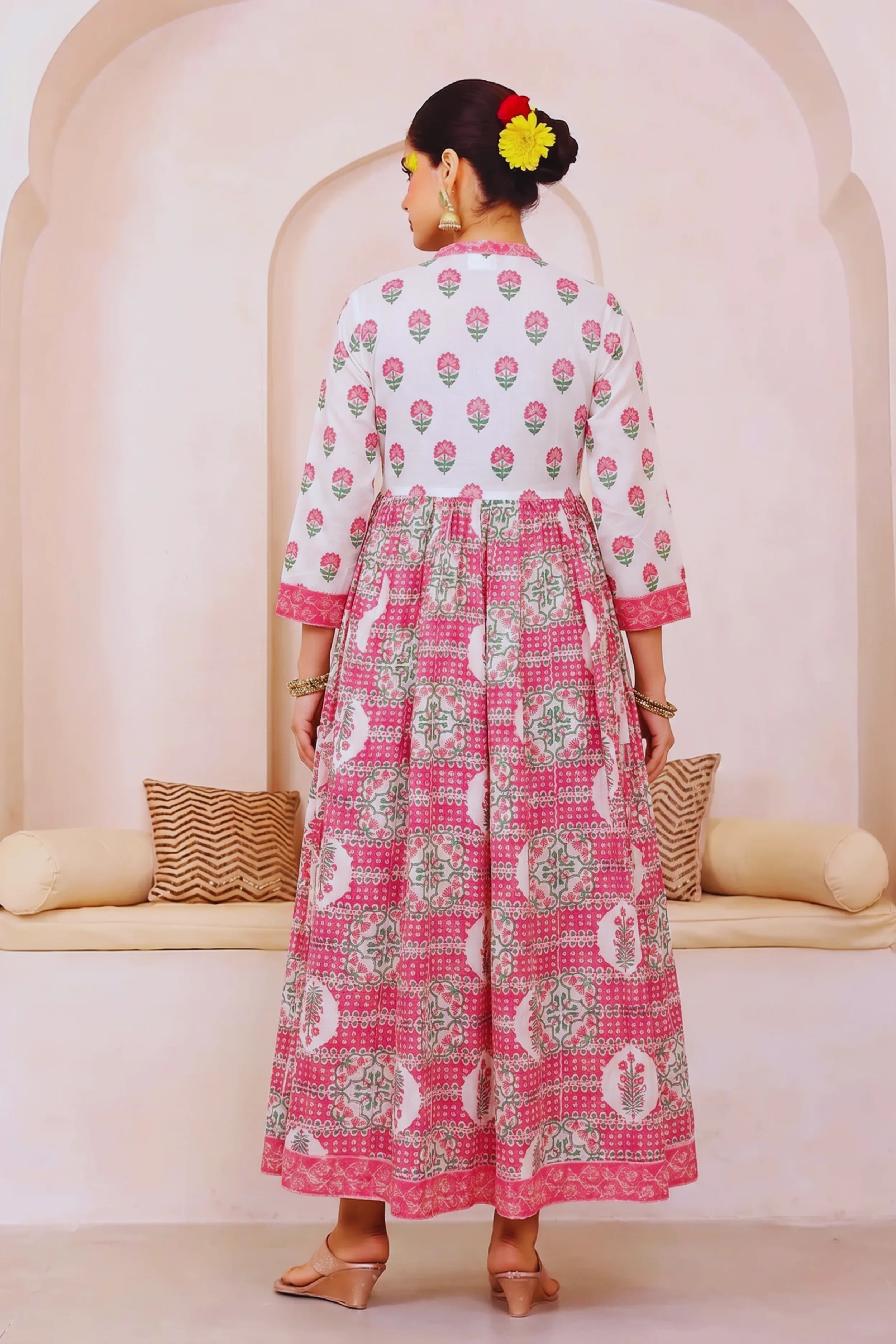 Light Pink Hand Block Floral Printed Anarkali Maxi Kurta