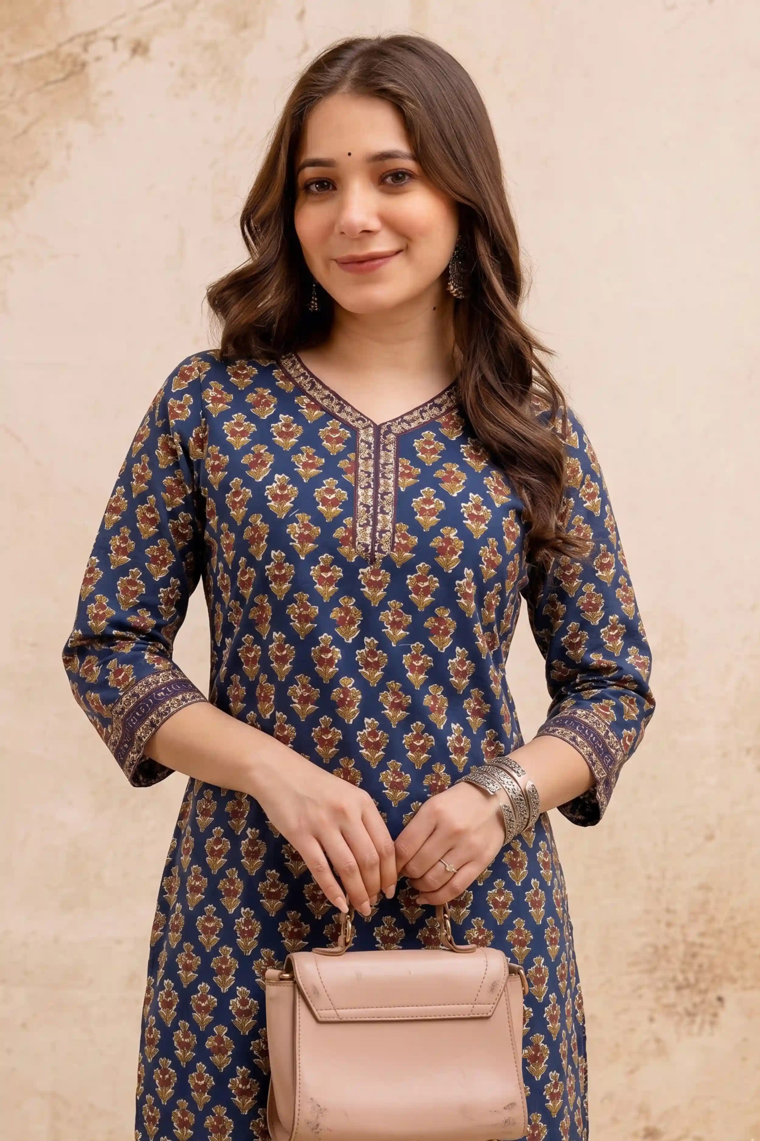 Navy Blue V-Neck Hand Printed Straight Kurta