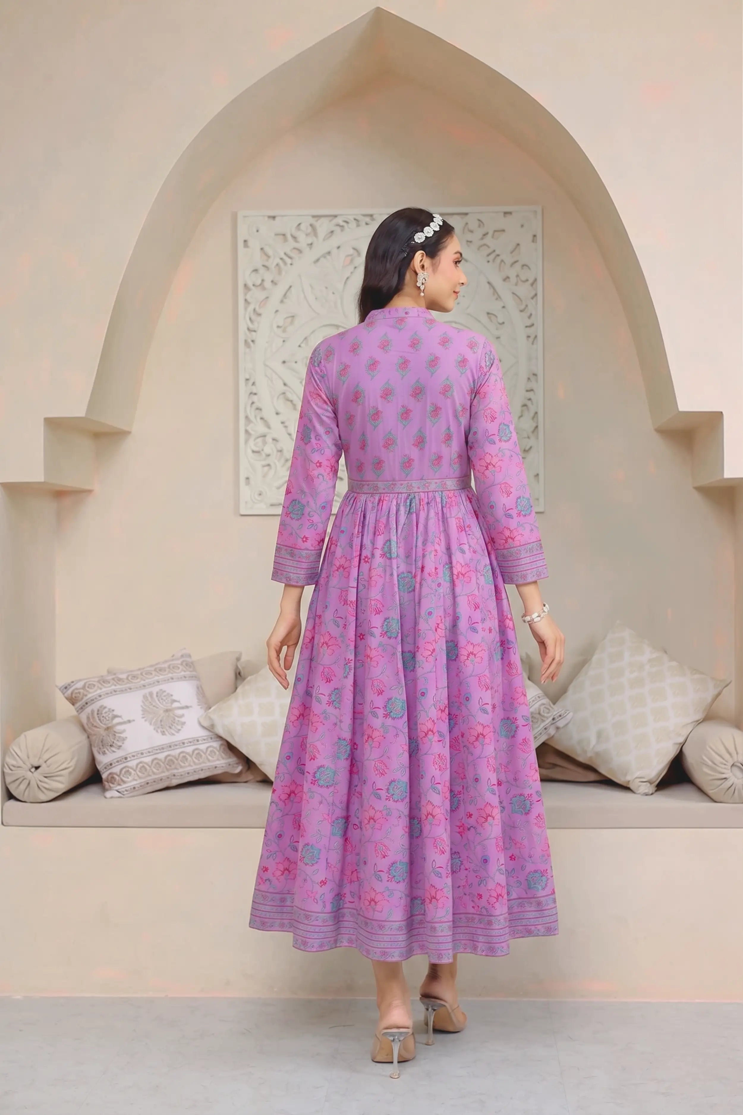 Purple Anarkali Cotton Hand Block Printed Ethnic Maxi Dress