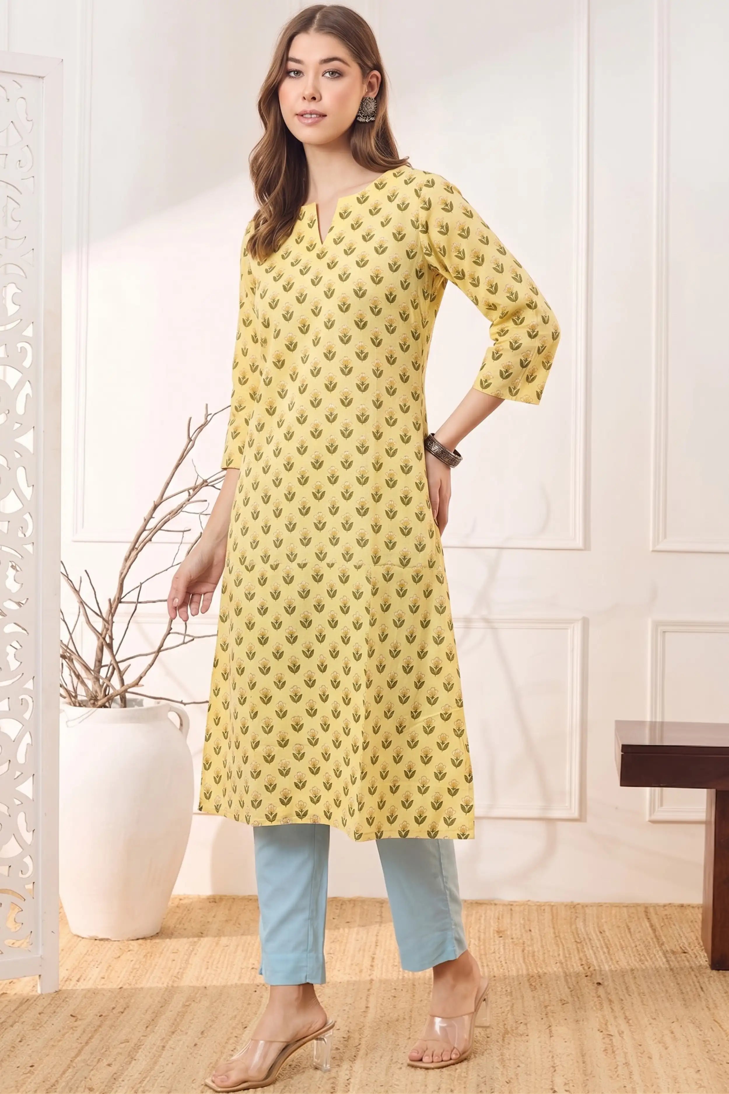 Yellow A line kurta With Pocket